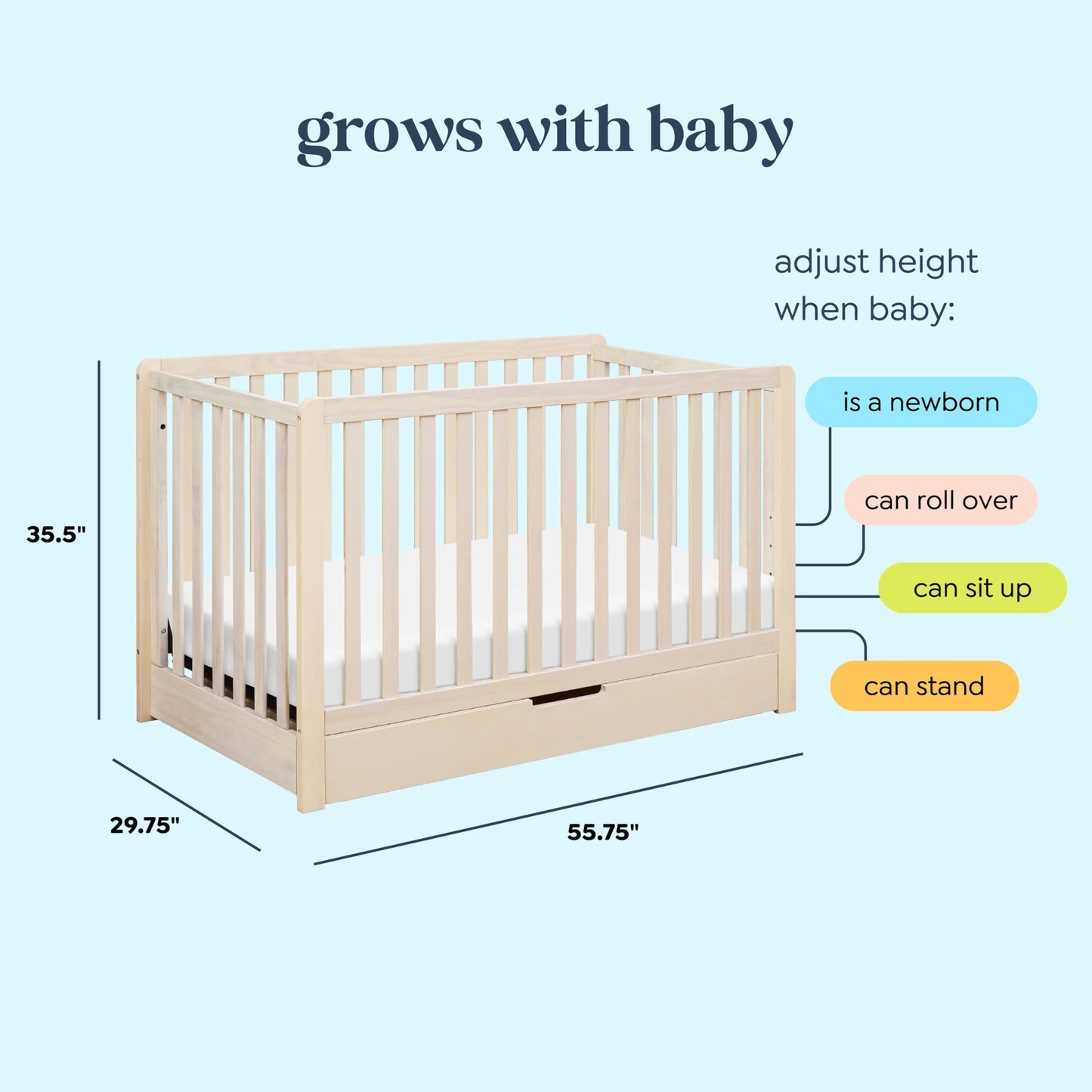 Carter’s by DaVinci. Colby 4-in-1 Convertible Crib with Trundle Drawer in Washed Natural, Greenguard Gold Certified, Undercrib Storage
