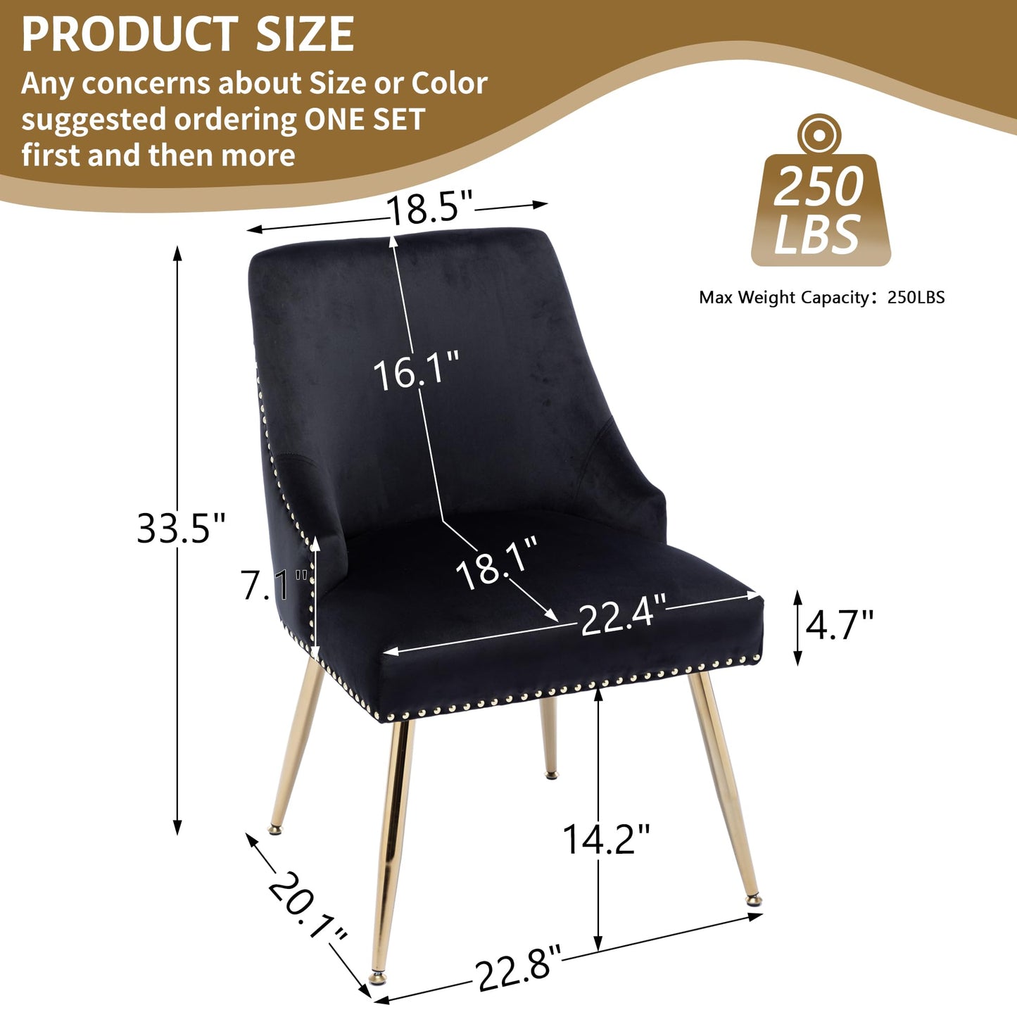 KCC Velvet Dining Room Chairs Set of 2 Nailhead Back Ring Pull Trim with Gold Legs for Kitchen Living Room(Black)