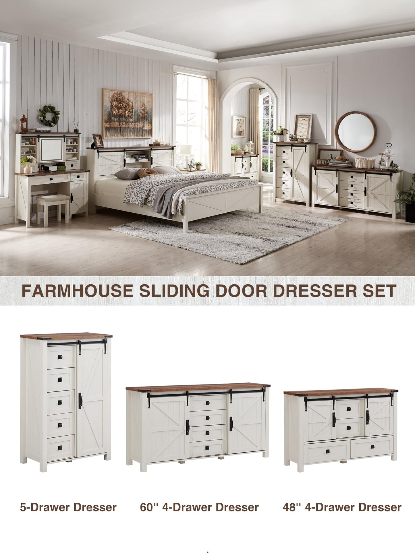 T4TREAM Farmhouse Dresser for Bedroom w/4 Drawers & Sliding Barn Doors, 48'' Wide Chest of Drawers, Rustic Dresser TV Stand w/Shelf, Organizer for Bedroom, Living Room, Entryway, Antique White