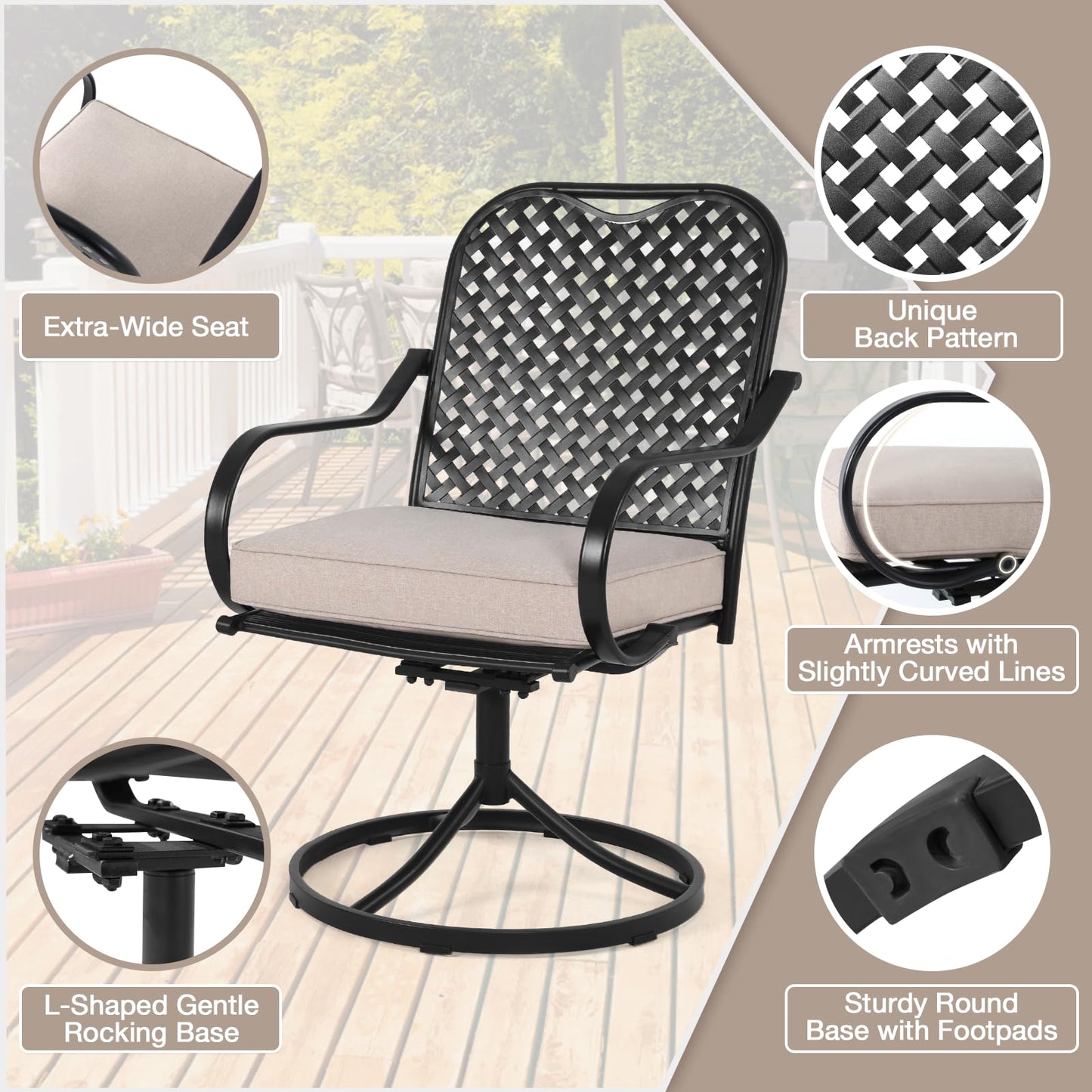 MELLCOM Patio Swivel Chair Set of 2, Heavy Duty Outdoor Dining Chairs with Thickened Cushions, Metal Patio Chairs Gentle Rocker for Outside, Garden & Porch, Backyard, Beige