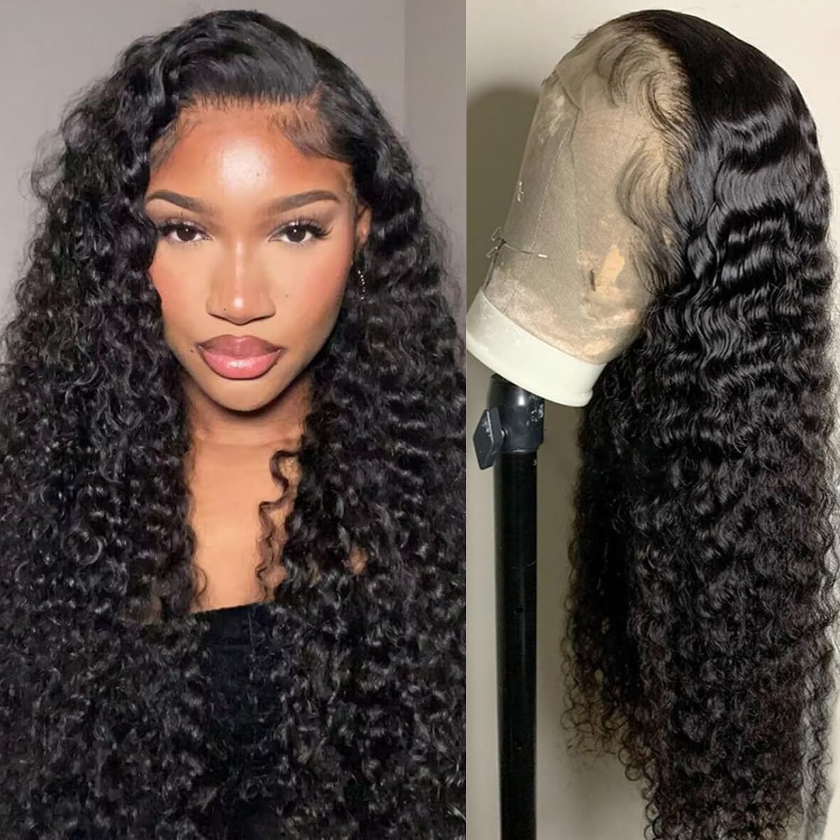 Deep Wave Lace Frontal Wigs Human Hair 180% Density 13x4 Deep Curly Lace Frontal Wig Glueless with Baby Hair Natural Black 26 Inch