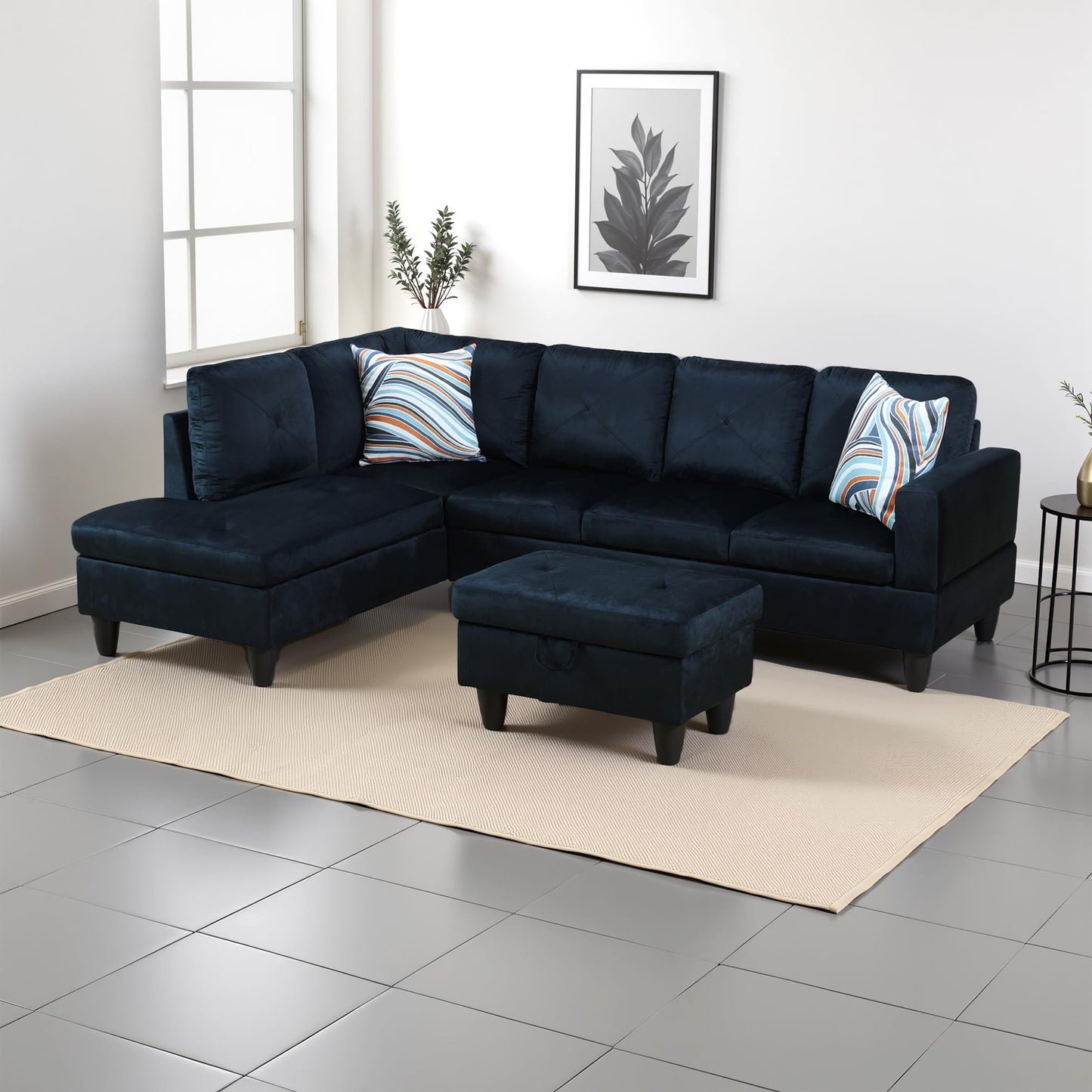 Osparple L Shaped Couch Sectional Couches for Living Room Upholstered Microfiber 3 Pieces Modular Sectional Sofa with Chaise, Ottoman with Storage for Small Apartment, Midnight Blue