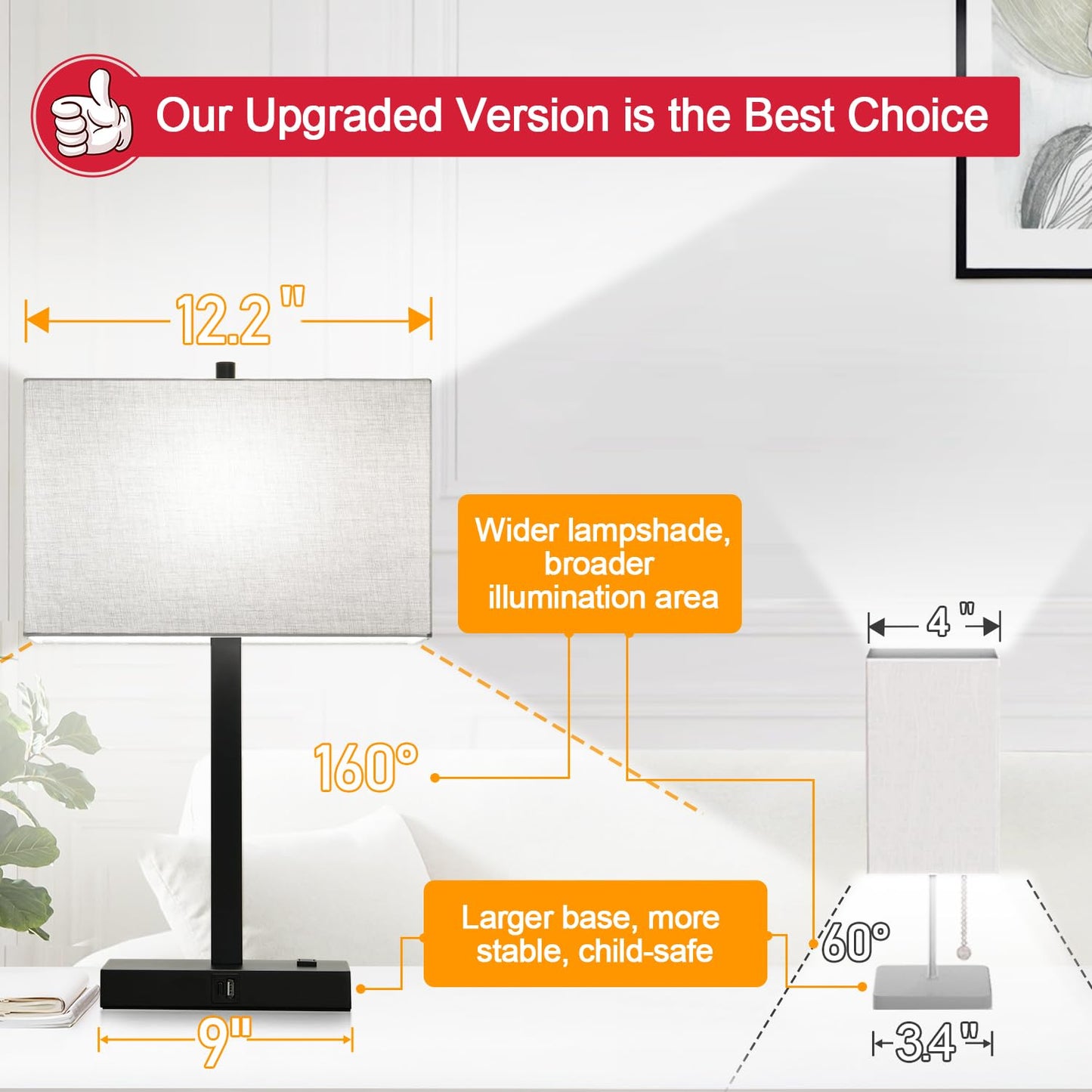 21" Touch Bedside lamps with 2 USB & AC Outlets, 3-Way Dimmable Bedside Table Lamps Set of 2 for Bedroom Living Room Office Reading, Gray Shade Lamps for Night Stands, 5000K LED Bulbs Included