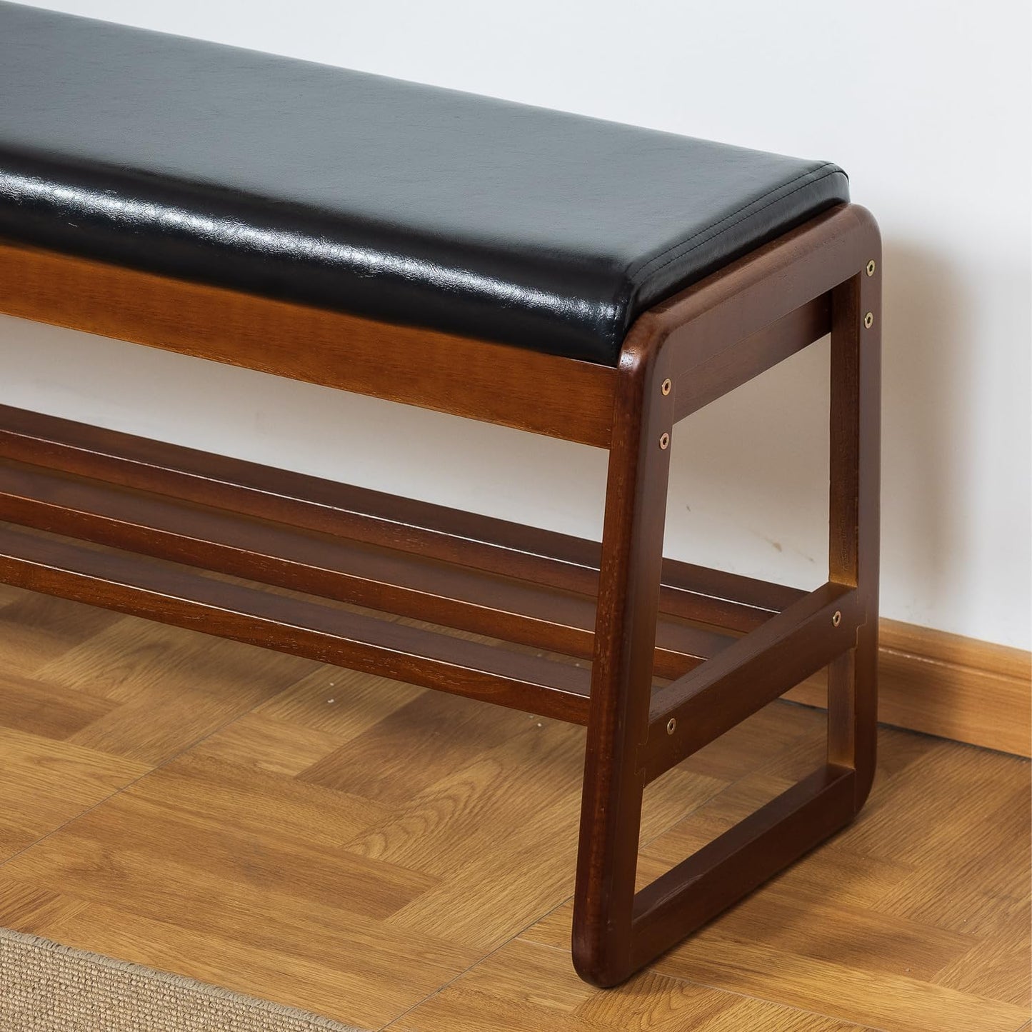 SOBIBO Solid Wood Shoe Bench, 2-Tier Entryway Bench with Cushion and Flip-Open Storage Box, Mid-Century Modern Shoe Bench Rack for Hallway, Mudroom(Black, 31.5'')