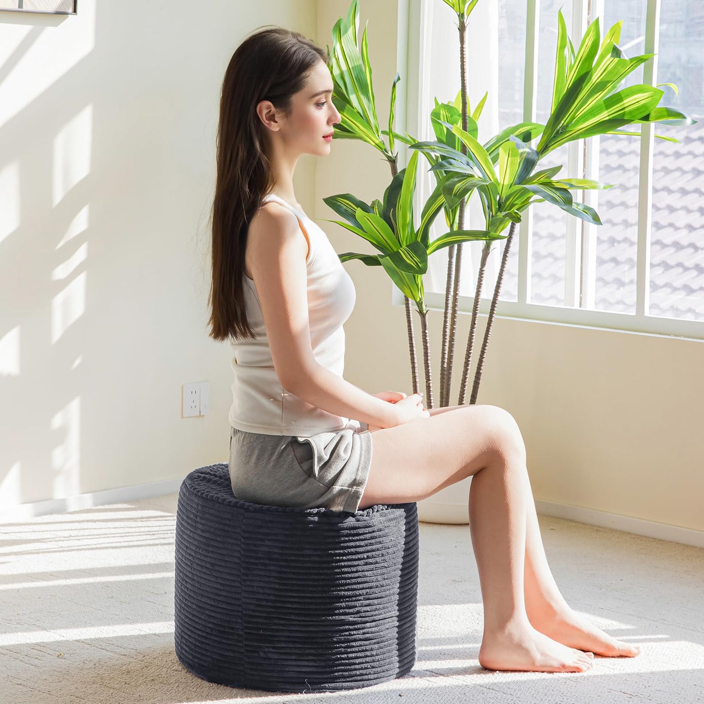 HIGOGOGO Round Stuffed Pouf Ottoman, Corduroy Poufs with High-Density Foam Filling, Furry and Fluffy Pouf Foot Stool Storage Ottoman, 17.7 x 13.8 Floor Poufs Foot Rest for Living Room，Dark Grey