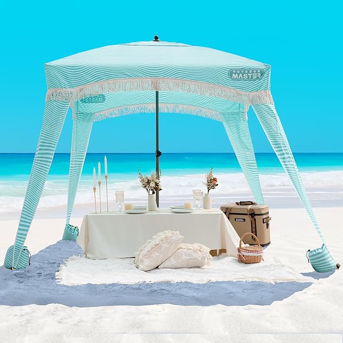 OutdoorMaster Beach Cabana with Fringes, Portable 6' x 6' Beach Canopy for Sand, Easy Set Up Sun Shelter, Included Side Wall, UPF 50+ UV Protection Sun Umbrella - for Family & Friends -Stripes