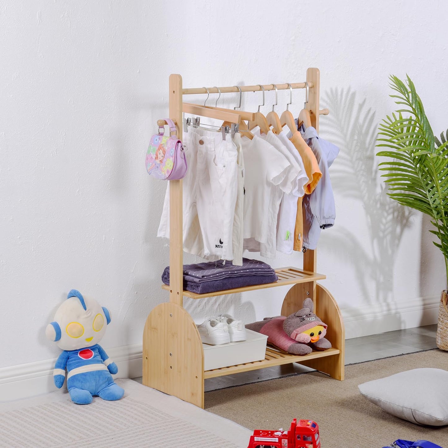 BAMBOOHOMIE Kids Clothing Rack With Adjustable Rods, Children Clothes Garment Rack for Baby Pet, Dress Up Rack With 2 Bottom Shelves, Wardrobe Closet for Toddlers Nursery