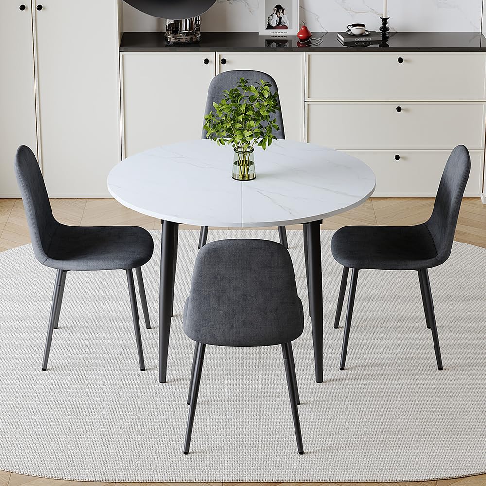 FURNITO Round Dining Table Set for 4, 42"-54" Extendable Dining Room Table Set for 4, White Kitchen Table and Upholstered Chairs Set of 4, 5 Piece Dining Table Set for Small Spaces, Easy Assembly