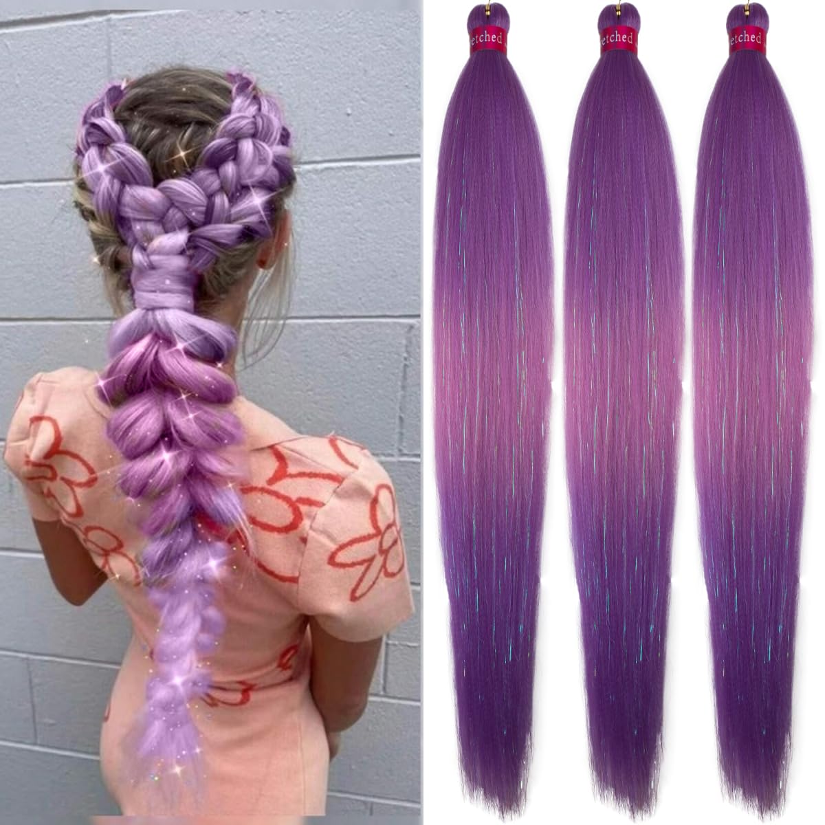 Upgraded Braiding Hair Extension Mix Tinsel, Pre Stretched Braiding Hair for Braiding Twist Braids Itch Free Hot Water Setting Yaki Straight Synthetic Hair