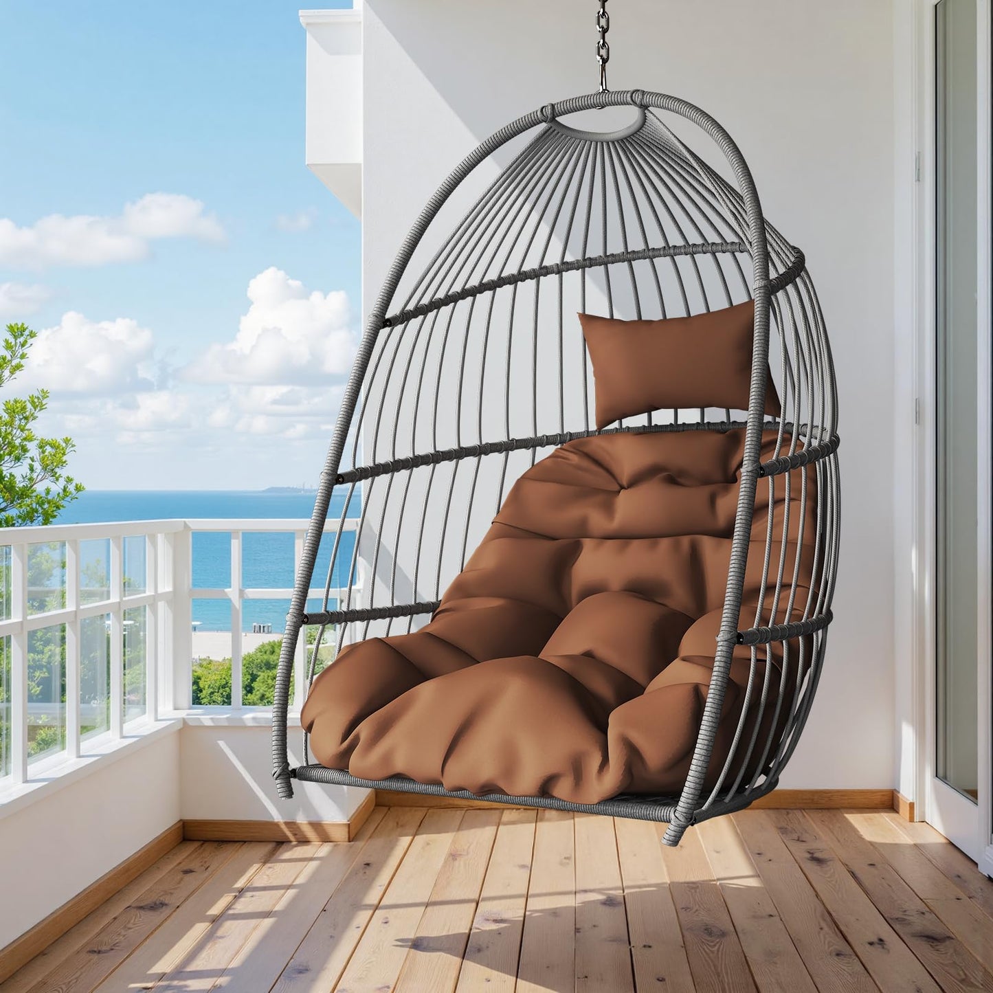 Hanging Egg Chair Without Stand, HDPE Rattan Foldable Swing Chair with Aluminum Frame & UV Resistant Cushion, Hammock Egg Basket for Indoor Outdoor Bedroom Garden, 350Lbs Capacity (Coffee)