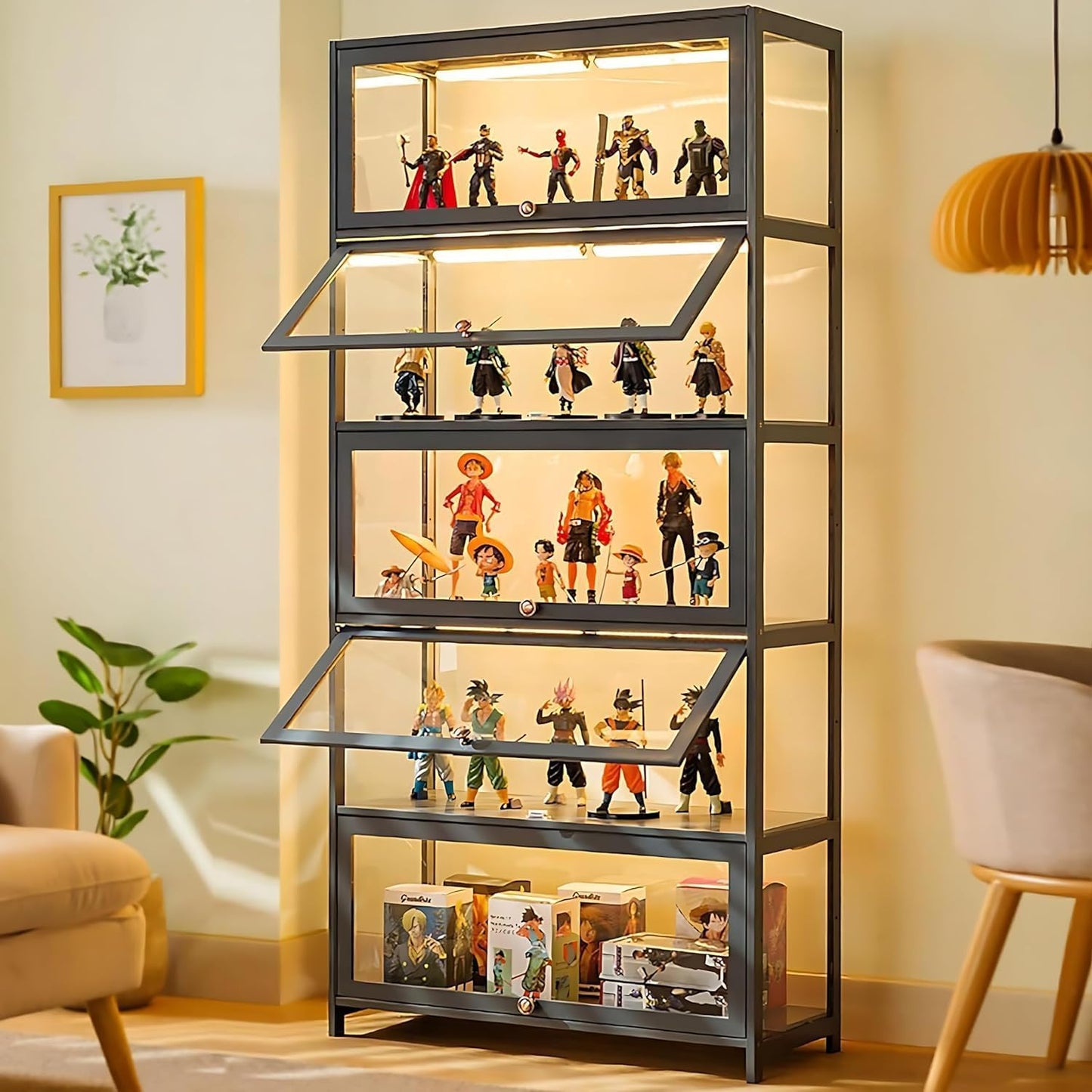 JOIHGA 5 Tier Display Cabinet with Acrylic Glass Doors, 68" Curio Display Cabinet with Adjustable Shelves, Large Capacity Storage Cabinet Collectibles Toy Organizers Rack & Display Shelf for Playroom
