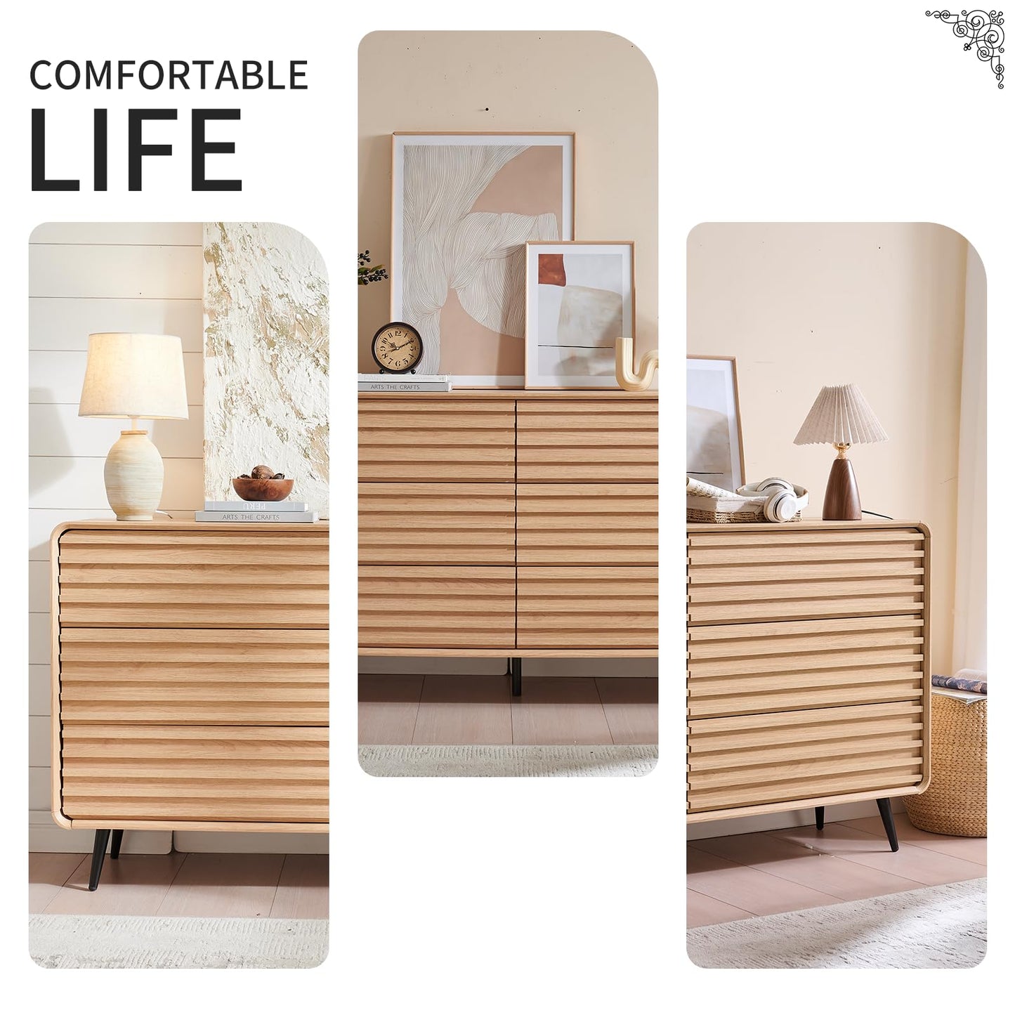 systemktesm Fluted 6 Drawers Dresser for Bedroom, 54" Wide Modern Chest of Drawers with Metal Handle, Farmhouse Dresser TV Stand, Wood Drawer Organizer for Bedroom, Living Room, Hallway (Natural Oak)