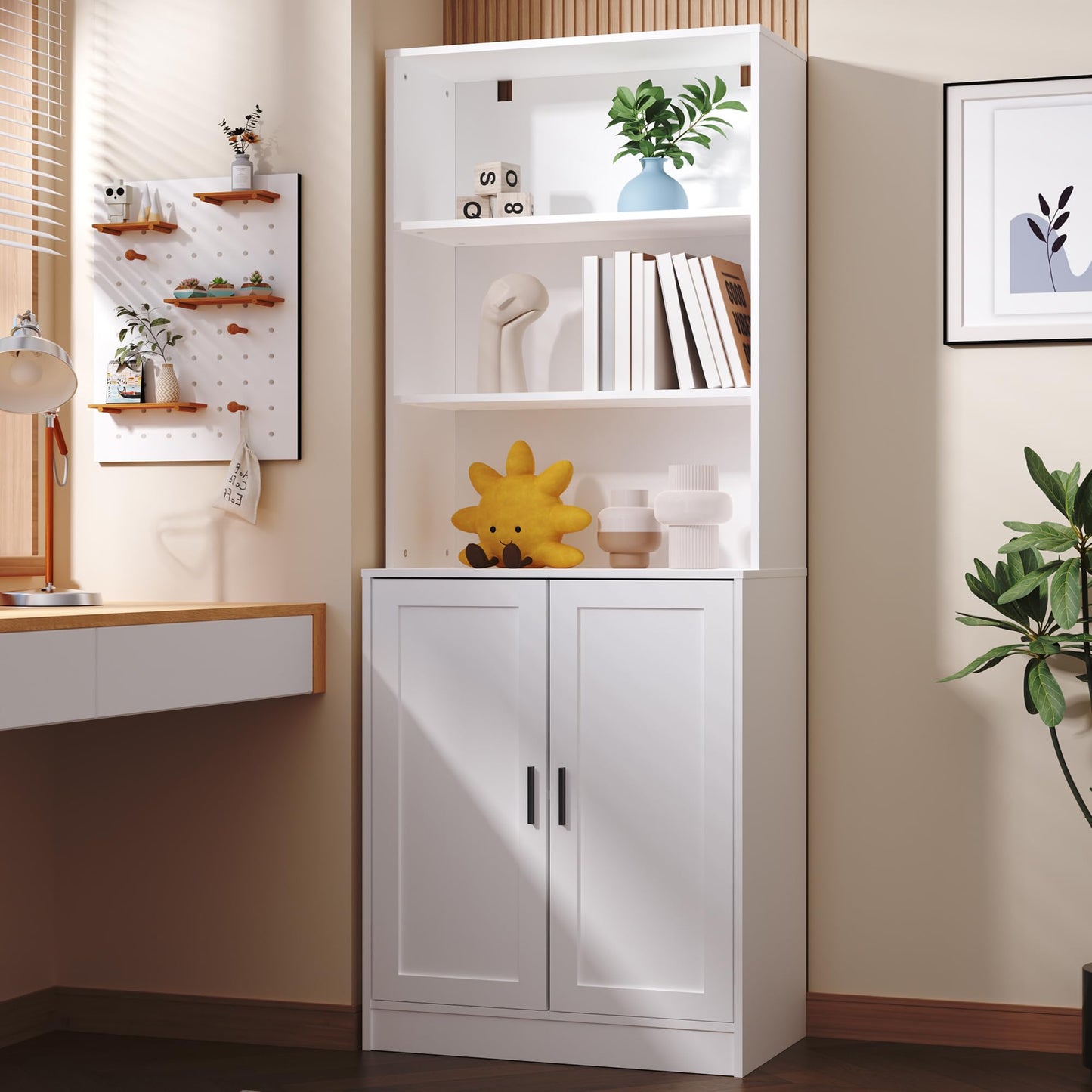 DIYART 5 Tier Bookcase with Doors & Cabinet, 75" Tall Large Wood Bookshelf for Living Room, Office, Library, White Storage Display Shelf with Adjustable Shelves