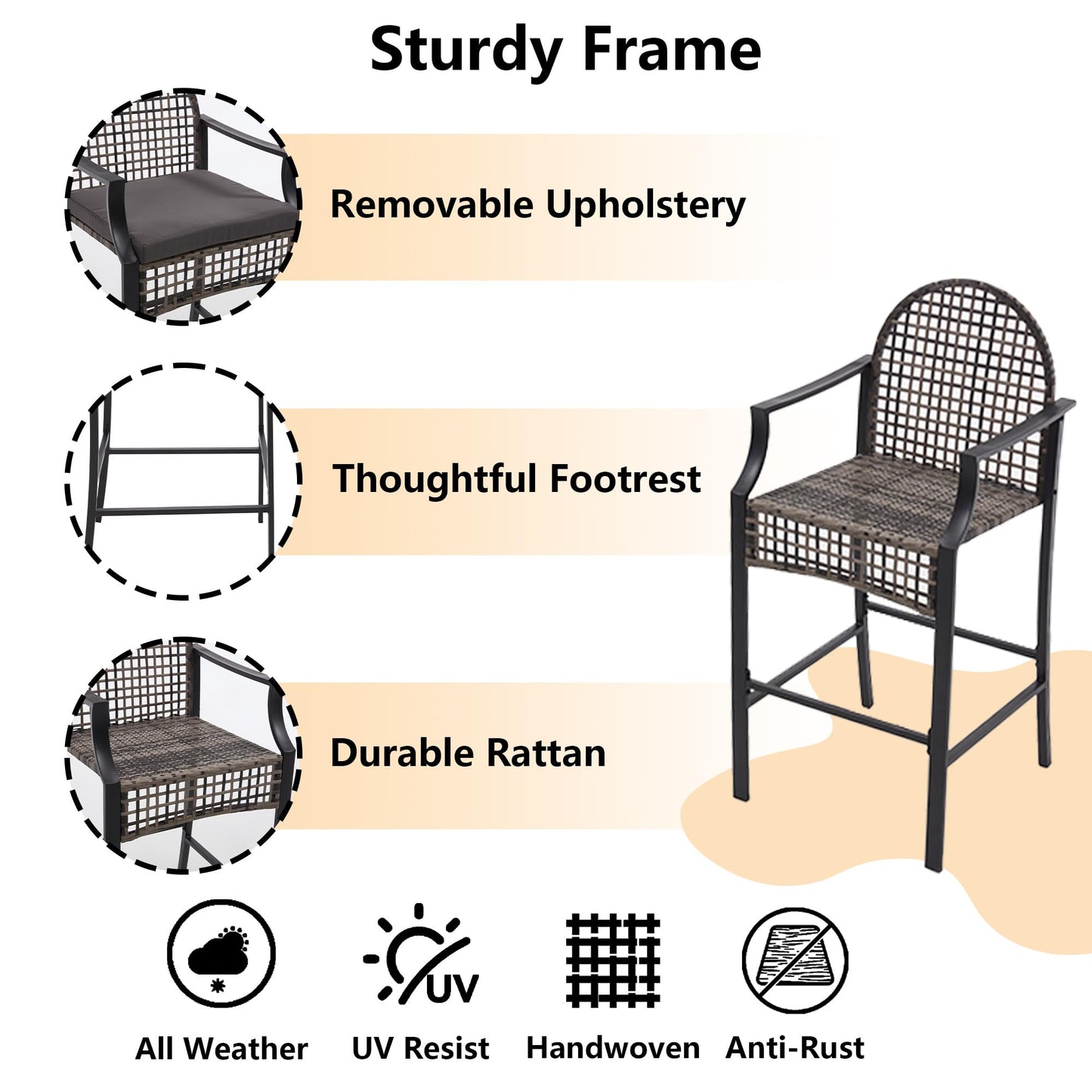 DAYARUS 3 Piece Outdoor Patio Bar Set, Modern Patio Furniture Set, 29.5" Wicker Bar Height Patio Bistro Set, Bar Height Patio Set with Cushions, Outdoor High Top Table and Chairs for Balcony, Gray