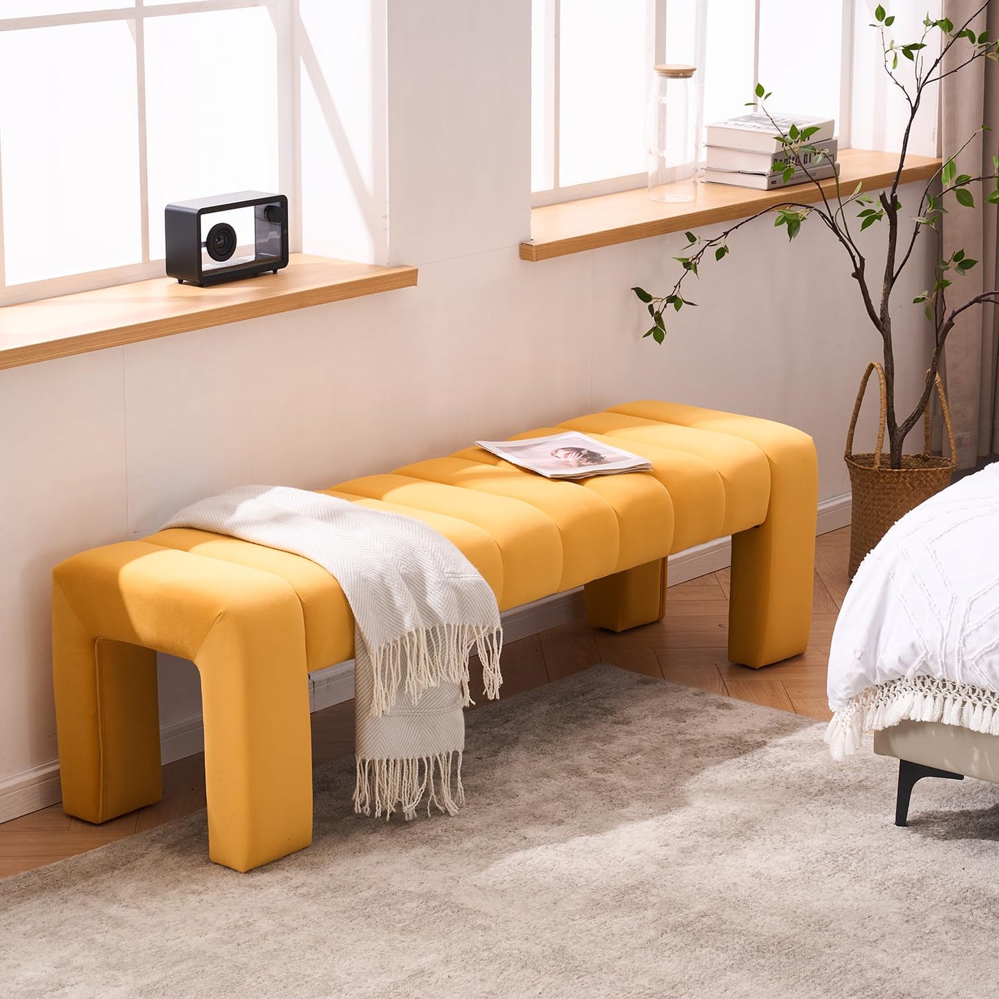 AIITTCC Velvet End of Bed Bench Upholstered Modern 59" Bedroom Bench for King Bed Bench Tufted Window Bench Comfy Long Ottoman for Living Room/Entry/Indoor (Mustard Yellow, 59" Wide)