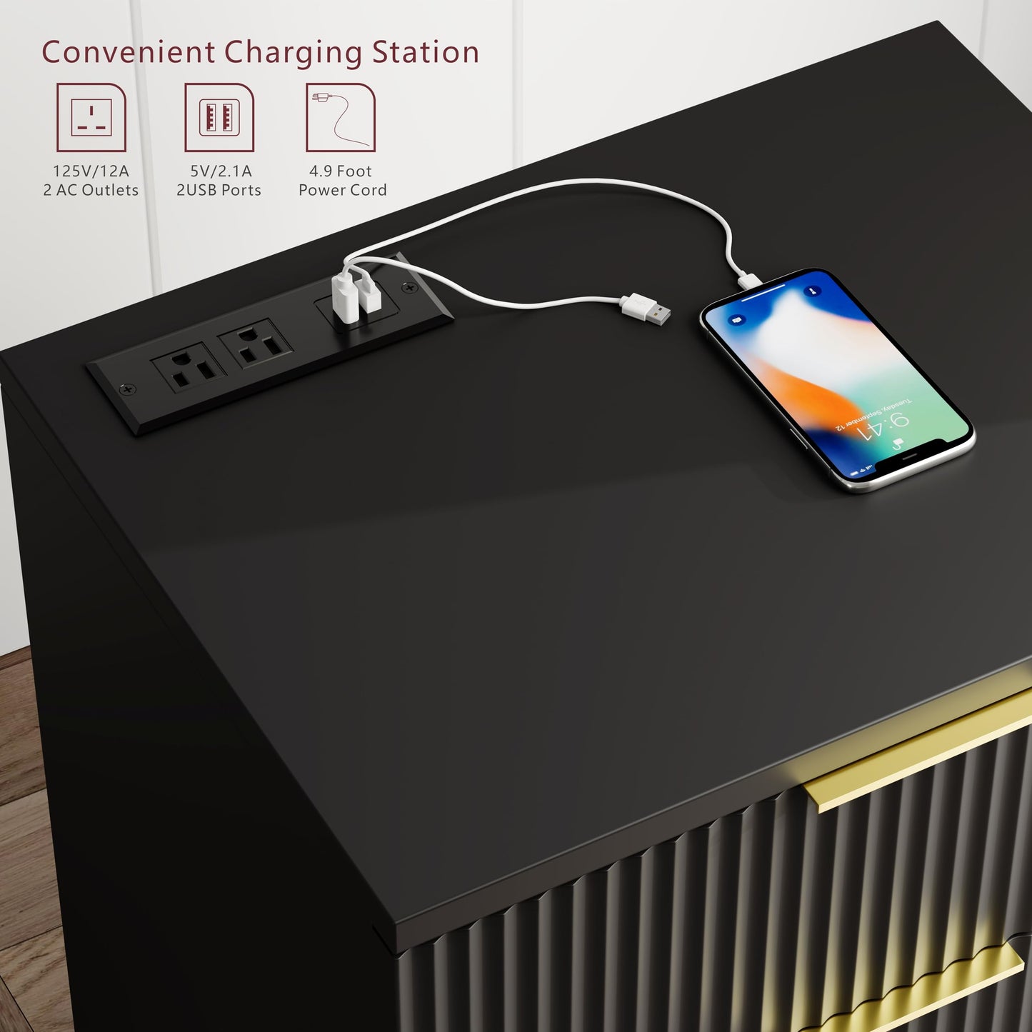 QIPAKA Fluted Night Stand Set of 2 with USB Charging Station, 3-Drawer Dresser Black Wood Moden Night Stand Bedside Table with Quiet Drawers & Large Storage End Table for Bedroom