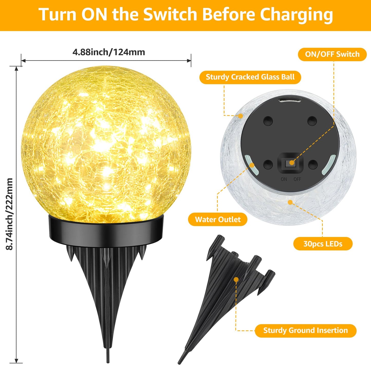 ASOMST 2-Pack Garden Solar Lights Outdoor, Cracked Glass Ball Light Waterproof, Decorative Solar Globe Lights Warm White for Yard Pathway Patio Lawn
