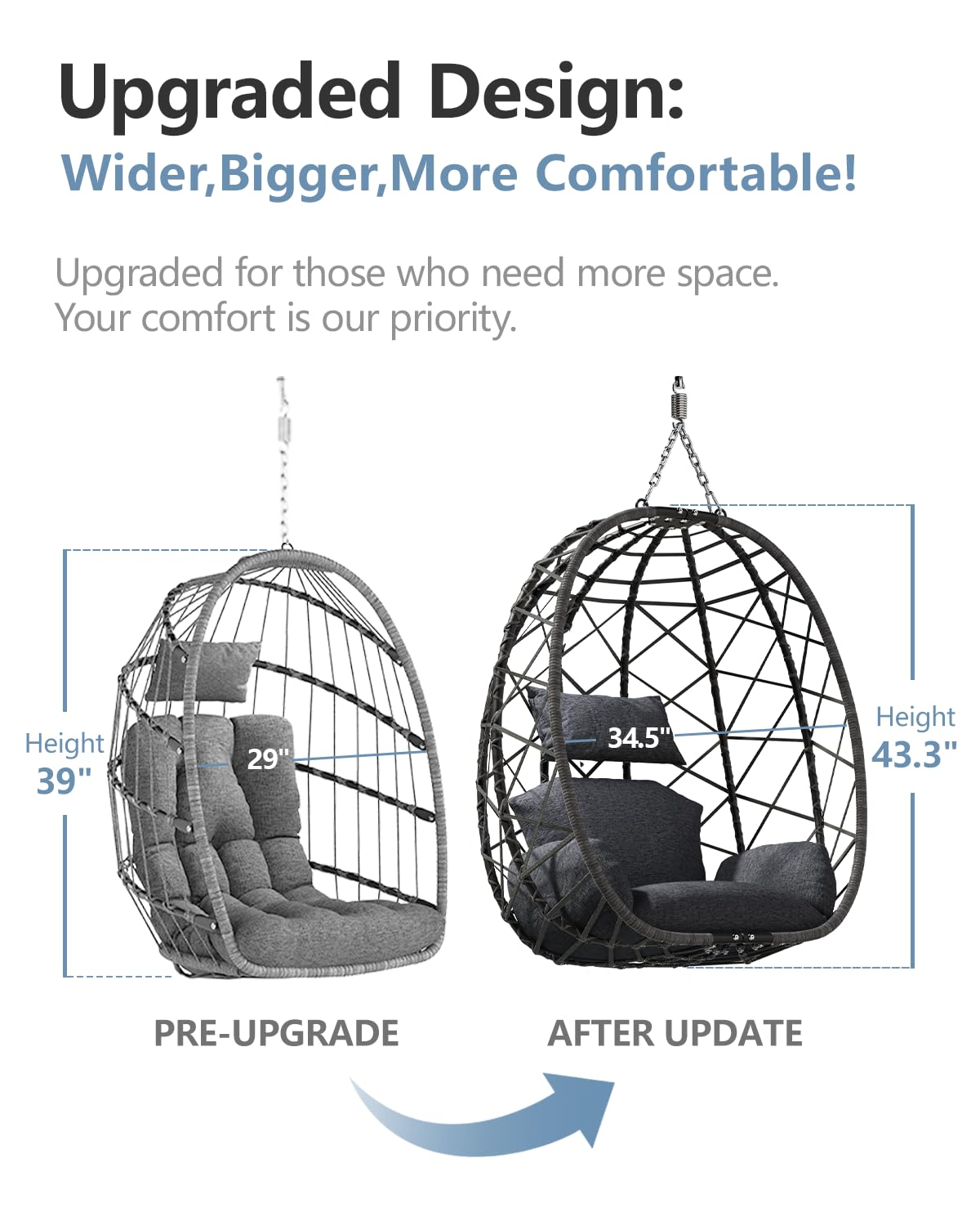 SWITTE Egg Swing Chair with Stand, Outdoor Patio Hanging Egg Chair, Indoor Hammock Chair with Cushion for Garden Backyard, 350LBS Capacity-Dark Grey