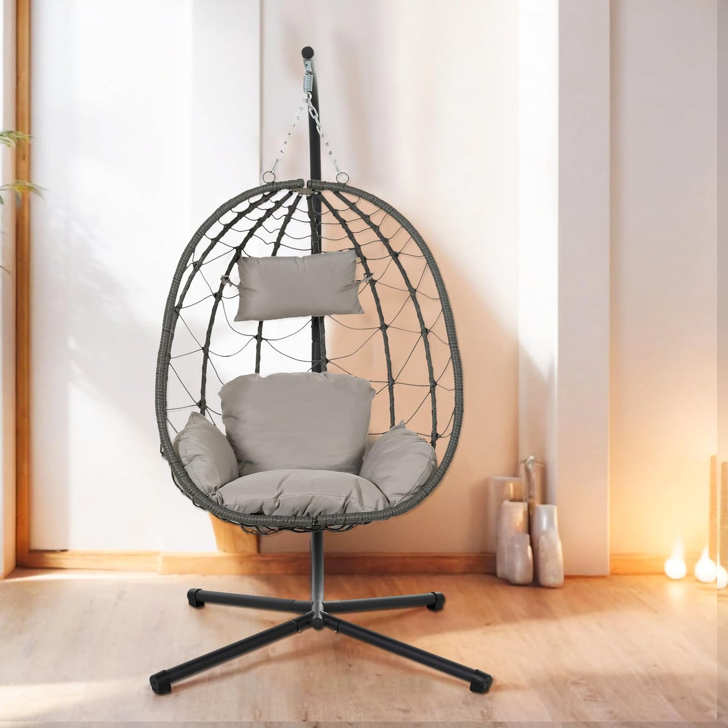 Hanging Egg Chair with Stand Egg Chair Indoor Outdoor, Patio Swing Hammock Egg Chairs, UV Resistant Removable & Washable Thicken Padded Cushions, 350LBS Capacity for Bedroom, Balcony, Garden, Grey