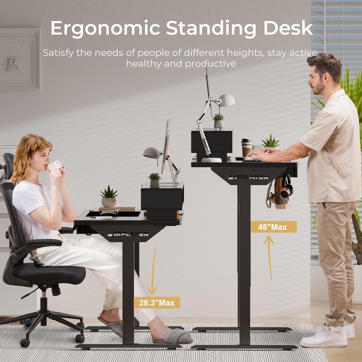 GTPLAYER Electric Standing Desk with Drawers, 48 x 24 Inch Height Adjustable Gaming Desk with Monitor Stand, Power Outlets & LED Lights, Home Office Sit Stand Up Desk with Memory Preset Controller