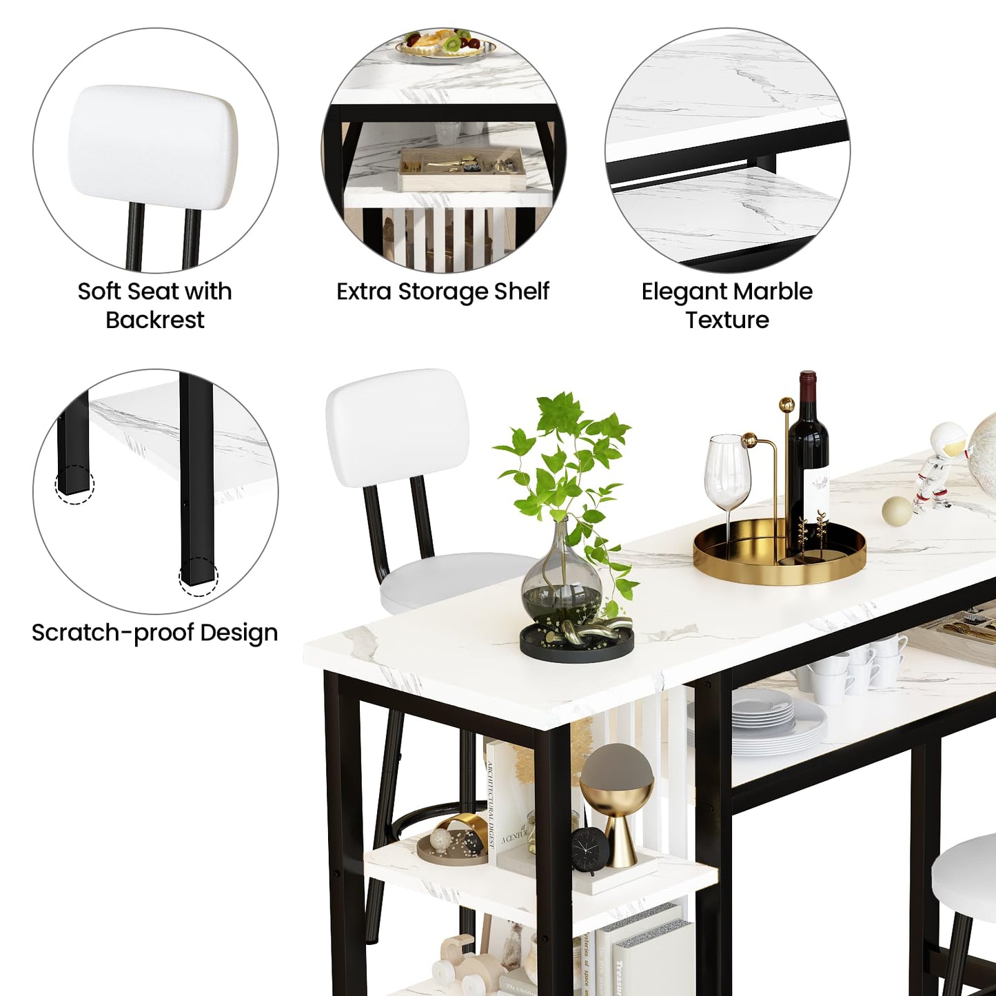 Lamerge Furniture Kitchen Bar Height Table and Chairs for 2, 5-Tier Compact Dining Room Table, White Faux Marble Top and 2 PU Leather Upholstered Seat Black Frame, Modern Dining Set for Home & Office