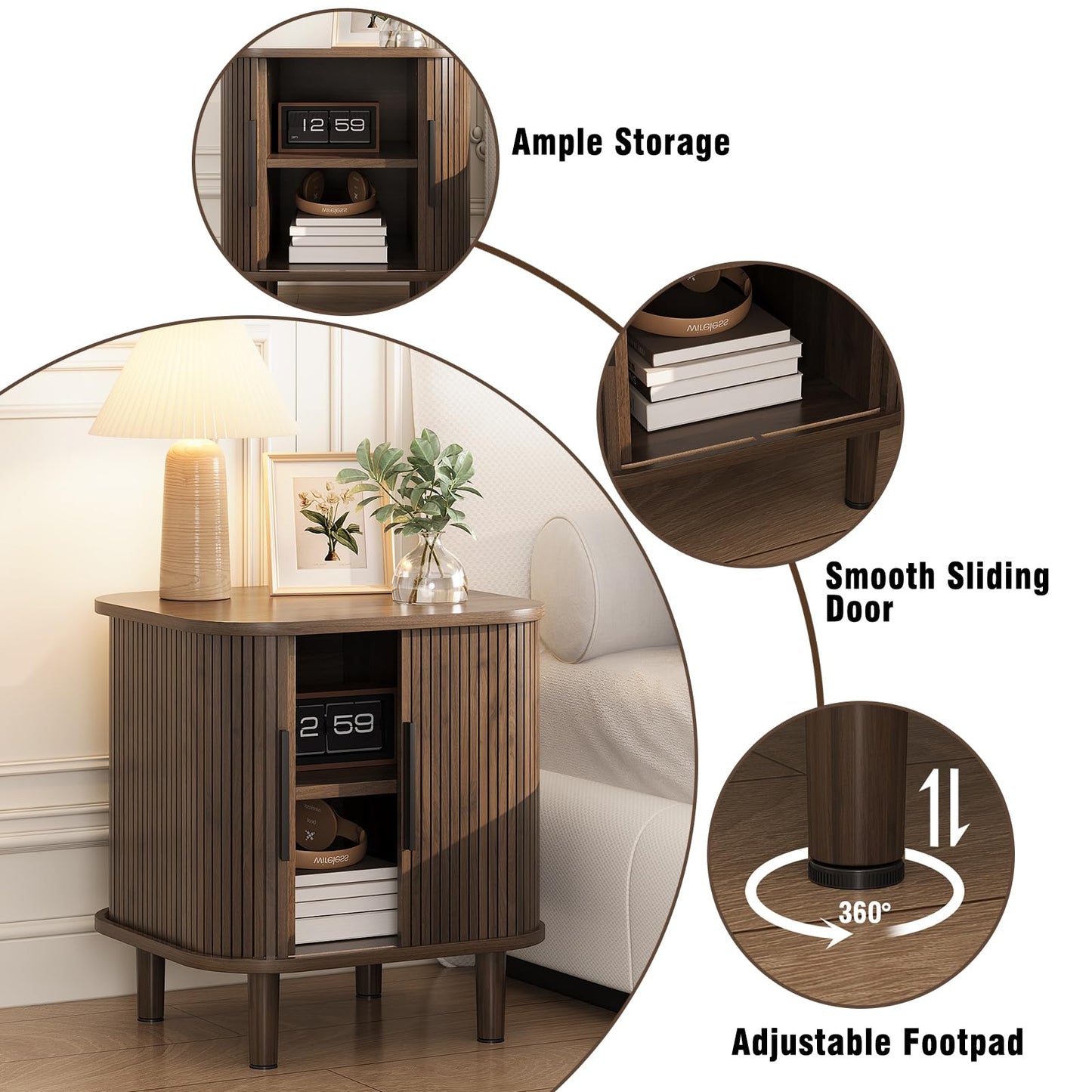 Espelism Fluted End Table with Sliding Tambour Door, Mid-Century Modern Bedside Table with Storage, Small Nightstand for Bedroom Living Room Side Table