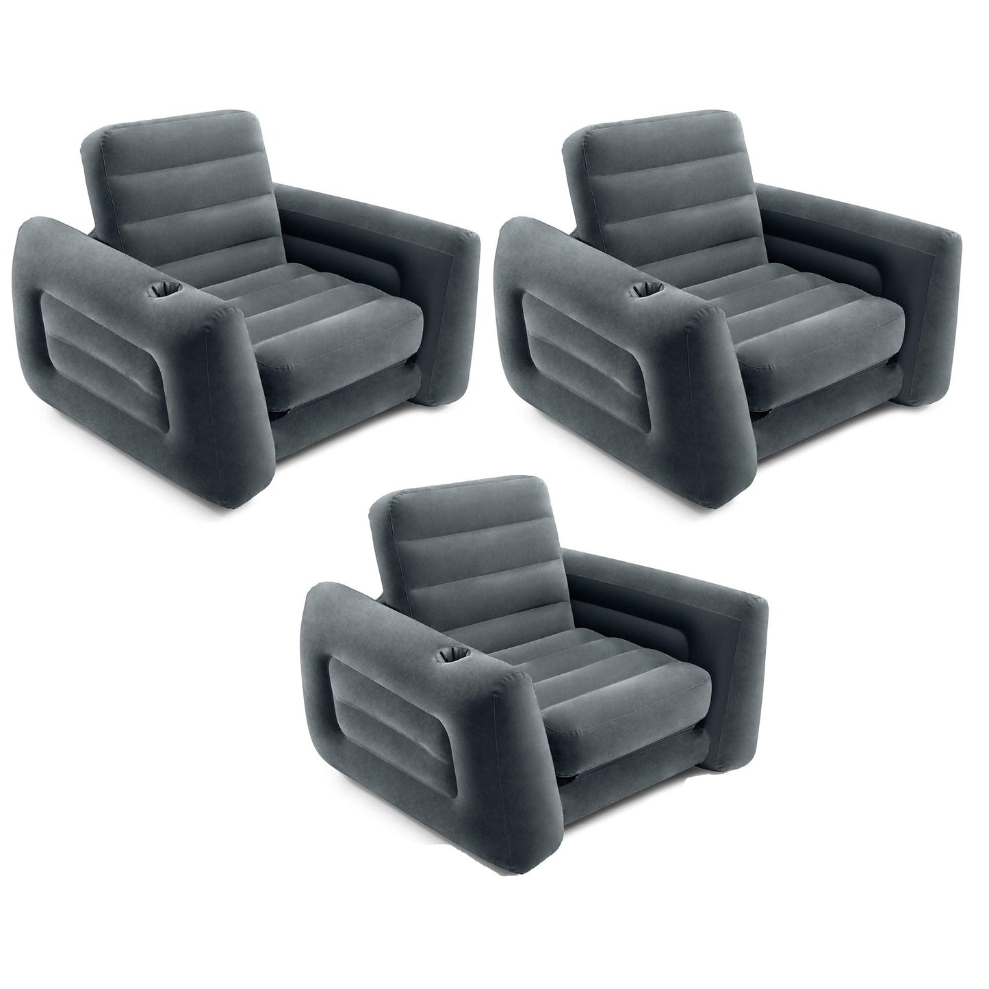 Intex 2 in 1 Inflatable Pull Out Sofa Chair and Twin Air Bed Mattress with Cup Holders for Indoor and Outdoor Use for Adults (3 Pack), Charcoal