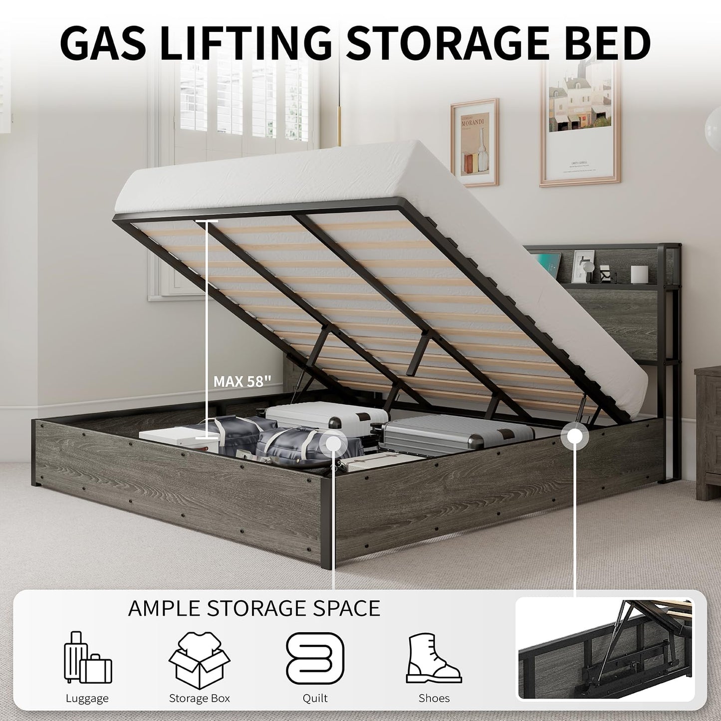 LUXOAK 3 Pieces Bedroom Sets, Includes Full Size Lift Up Storage Bed with Storage Headboard & Charging Station, 2 Drawers Farmhouse Nightstand Set of 2 with Charging Station, Rustic Grey