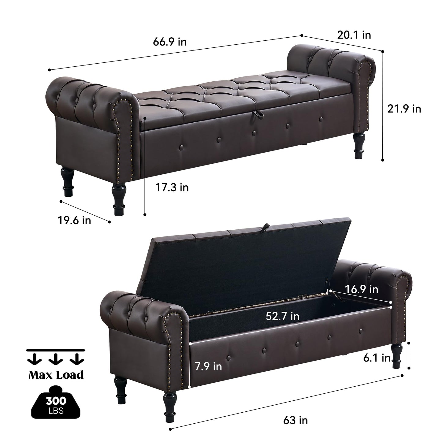 HOMYKA Storage Bench for Bedroom, 67" End of Bed Bench, Faux Leather King Size Bench with Rolled Arms, Tufted Button Ottoman Benches, Upholstered Bench for Bedroom, Living Room, Entryway, Dark Brown