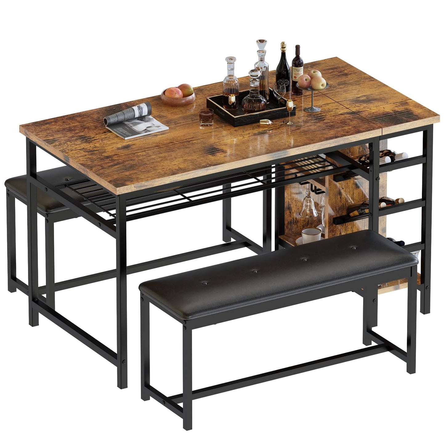 AWQM Space Saving Dining Table Set for 2-4 People, 53" Kitchen Table with 2 Upholstered Bench, Dinner Table with Wine Rack Glass Holder and Storage Shelf, 3-Piece Dinette Table for Small Apartment