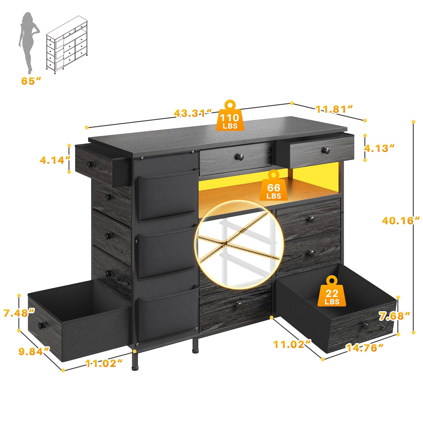 EnHomee Dresser for Bedroom with 13 Fabric Drawers and LED Lights, Closet Island with Side Pocket, Dressers & Chests of Drawers for Bedroom Closet Organizer, Black