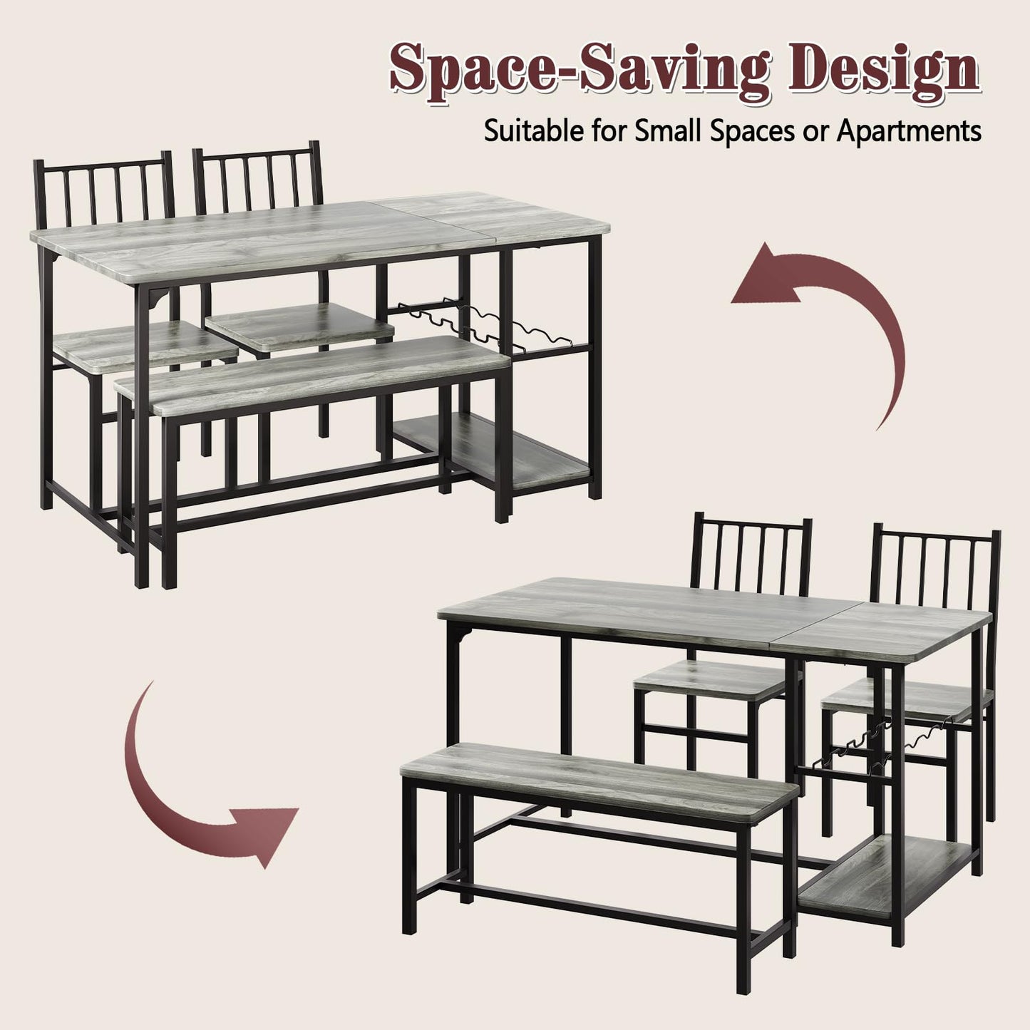 4 EVER WINNER Dining Room Table Set for 4, 55" Kitchen Table Set with Storage Shelf, Wine Rack & Wine Glasses Holder, Dining Table Set with 2 Chairs and Bench for Dining Room, Kitchen, Grey
