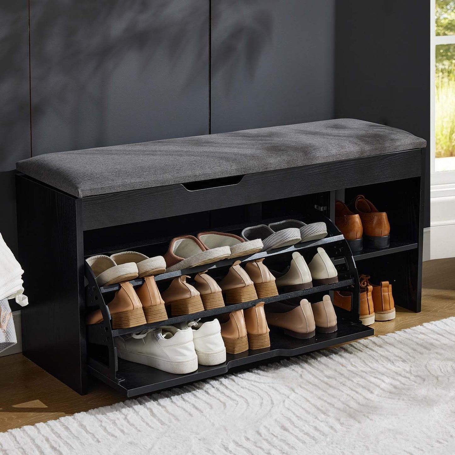 Shoe Storage Bench with Flip Drawers & Lift Top Storage Box, Entryway Bench with Seat Cushion, 3-Tier Short Shoe Cabinet with Adjustable Shelves for Entryway, Hallway, Living Room, Mudroom, Black