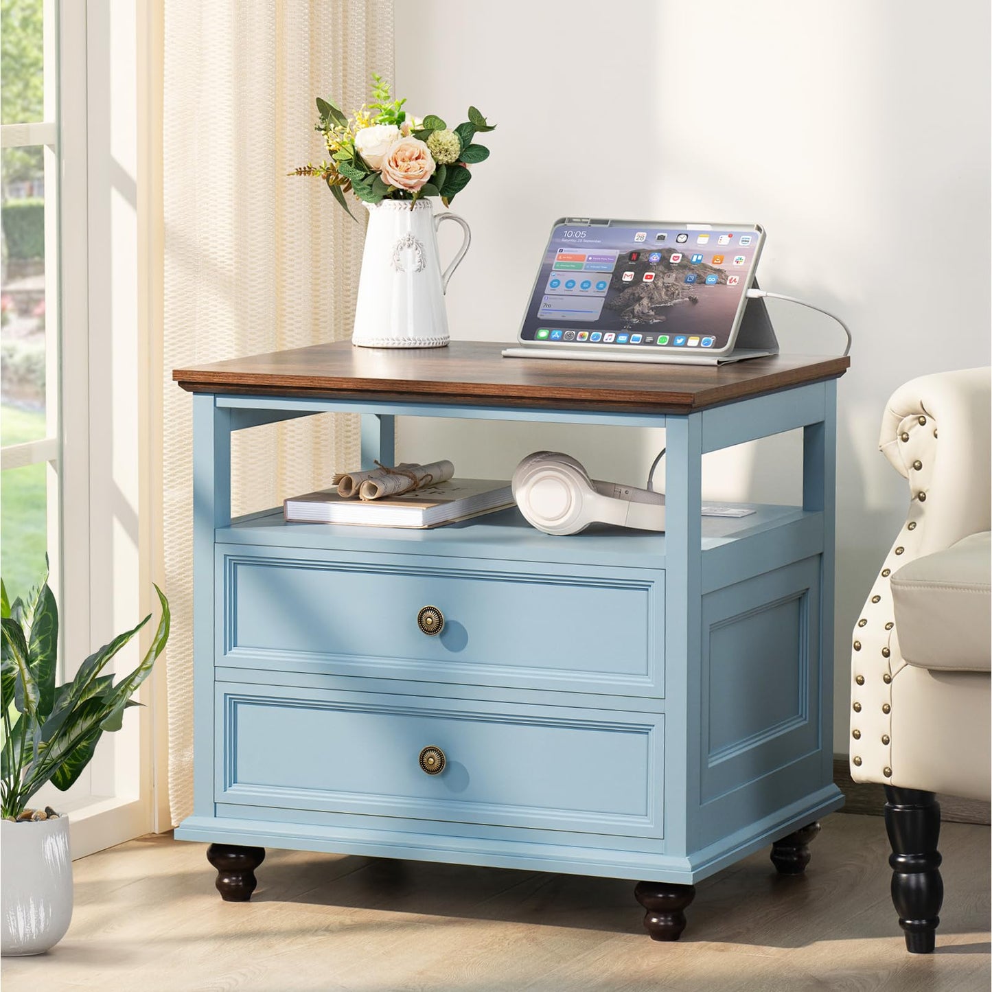 Joaxswe Farmhouse Nightstand with Charging Station, 24" Wide End Table with 2 Drawers, Light Blue Dresser for Bedroom,Wood Bed Side Table Chest of Drawers Cabinet,Night Stand for Living Room,Closet