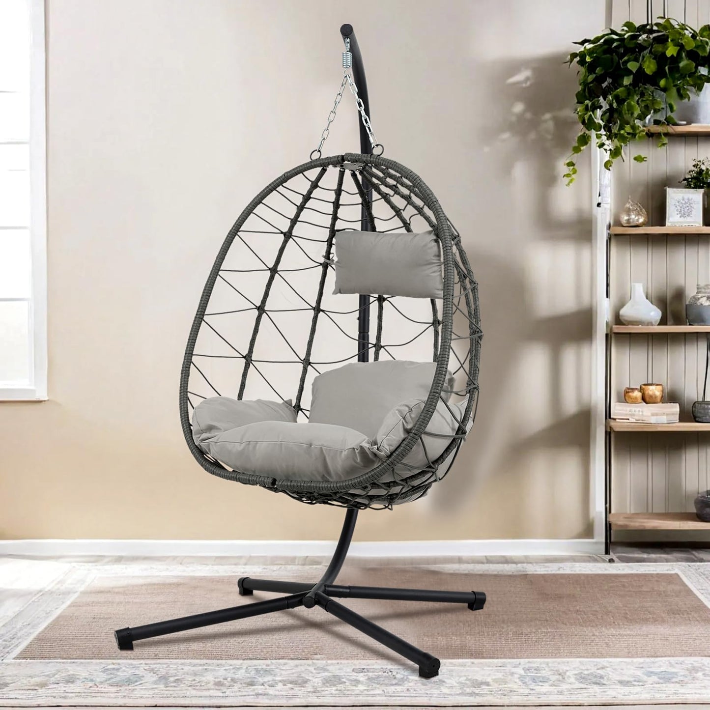 Hanging Egg Chair with Stand Egg Chair Indoor Outdoor, Patio Swing Hammock Egg Chairs, UV Resistant Removable & Washable Thicken Padded Cushions, 350LBS Capacity for Bedroom, Balcony, Garden, Grey