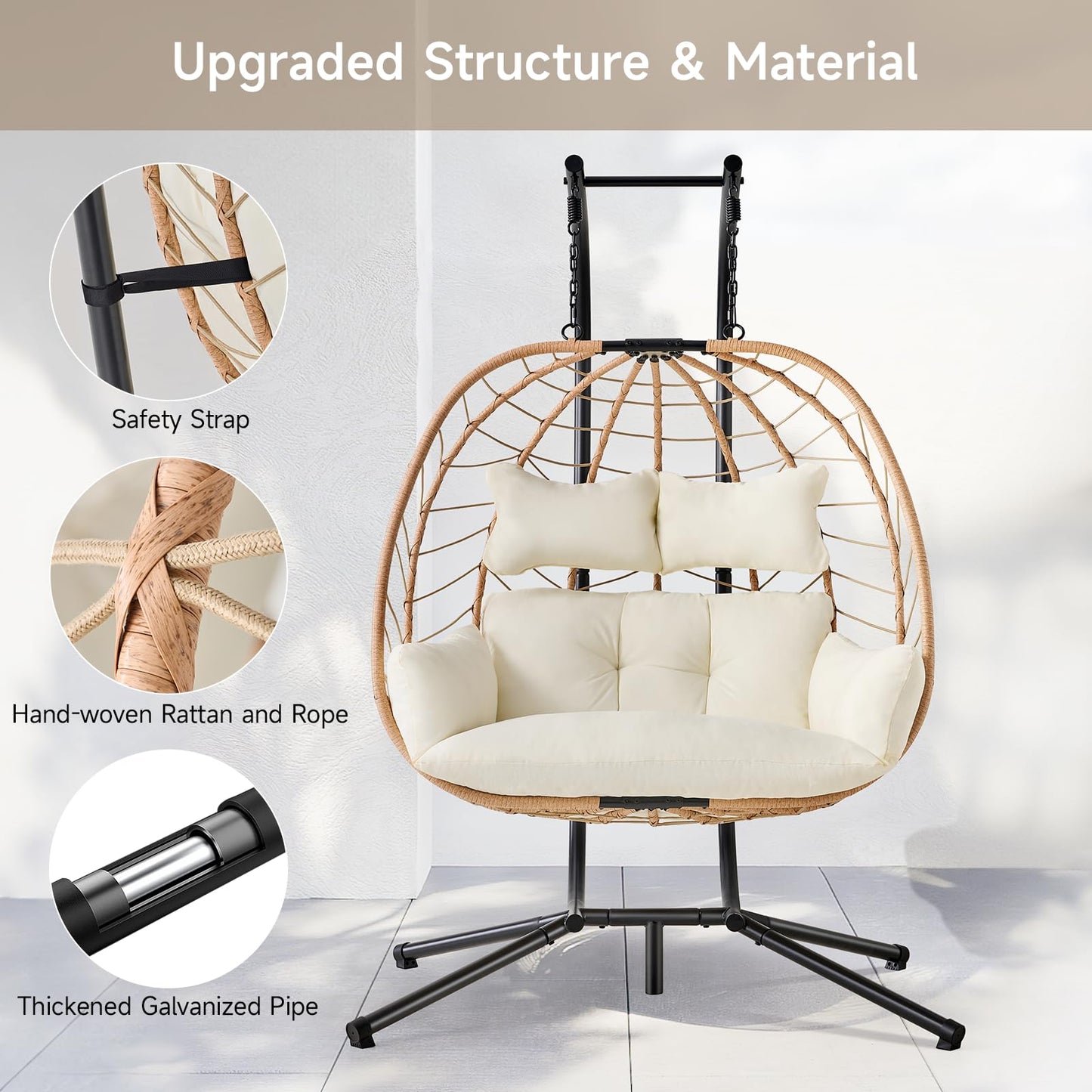 ONBRILL Double Egg Chair with Stand, Indoor Outdoor 2 Person Hammock Swing Chair with Cushions & Headrest, 650LBS Capacity Hanging Loveseat for Patio, Bedroom, Garden, Balcony (Yellow-Beige)