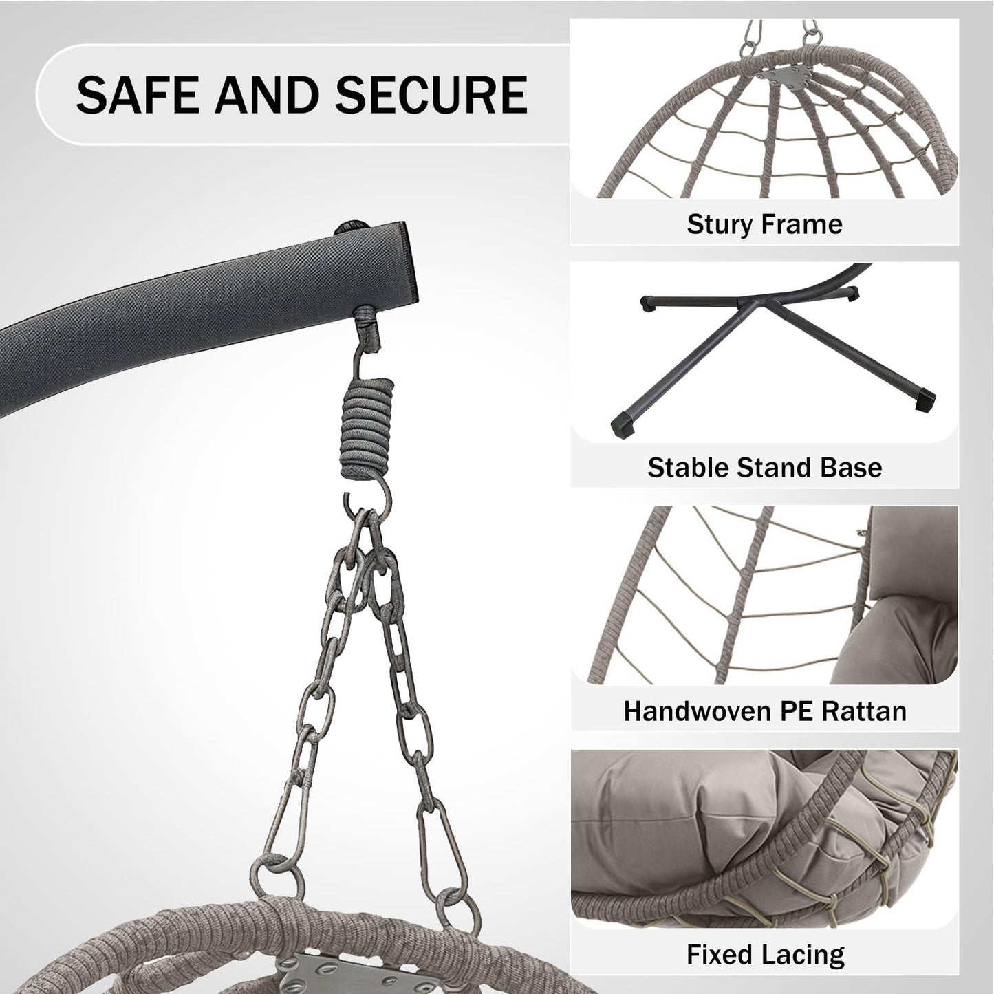 Hanging Egg Chair with Stand, Outdoor Patio Rattan Wicker Swing Egg Chair, Outdoor Indoor Hammock Chair for Porch, Living Room, Poolside and Balcony, 350LBS Capacity, Light Grey