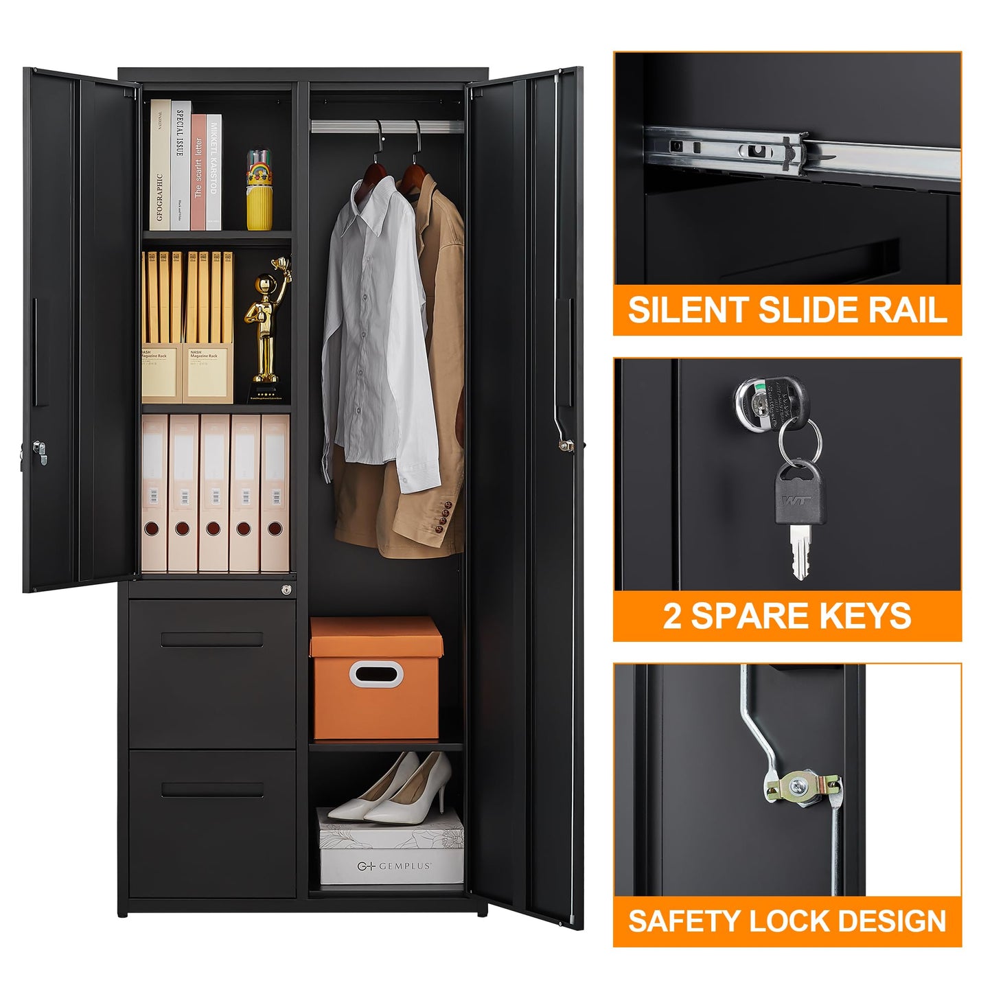 Anxxsu Metal Storage Cabinets Locker, 67" Locker with Clothes Rod, Lockable Freestanding Wardrobe for Office, Home, School, Laundry Room, Gym (Black)