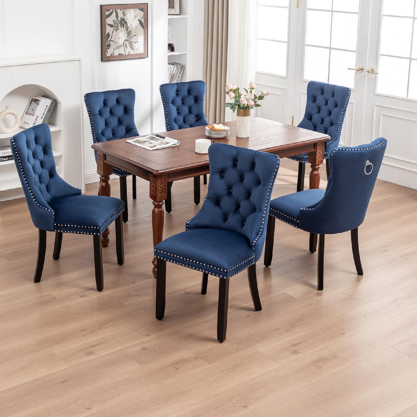Kiztir Velvet Dining Chairs Set of 6, Upholstered Dining Room Chairs with Ring Pull Trim and Button Back, Luxury Tufted Dining Chairs for Living Room, Bedroom, Kitchen (Blue)