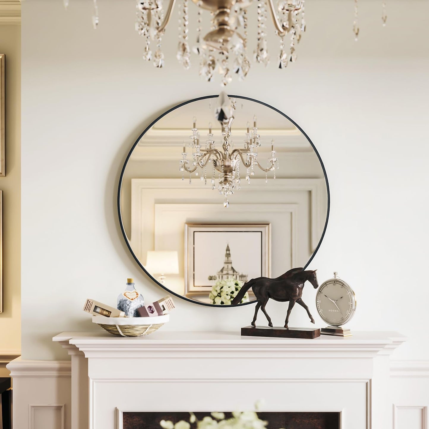 Growsun 30 inch Wall Round Mirror, Large Wall Mounted Circle Mirror Black Metal Frame for Bathroom, Entry, Dining Room, & Living Room