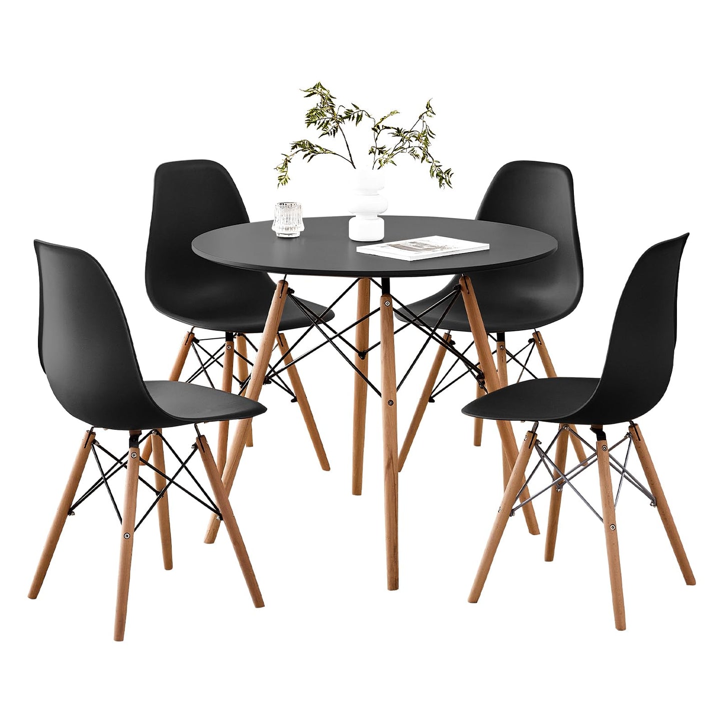 Lecafur HL 5-Piece 35.5" Round Dining Table Set, Small Kitchen Table Chairs Set of 4 Plastic Seats, Solid Wood Legs, Space Saving Furniture for Living Room Apartment Office Home, Black