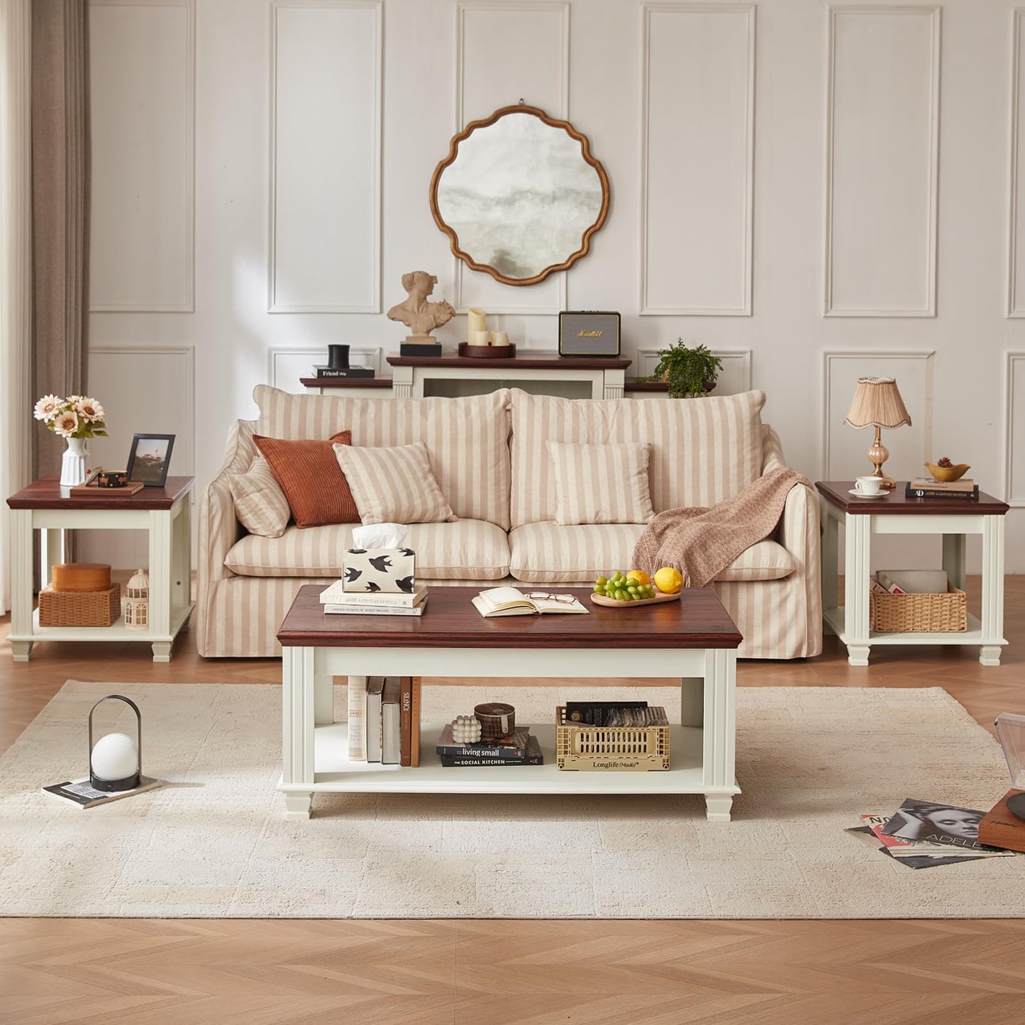 SAVOR LIFE Farmhouse Coffee Tables for Living Room,Square Tea Table with Open Storage Shelf,Large Coffee Table,Rustic Wooden Center Table,White