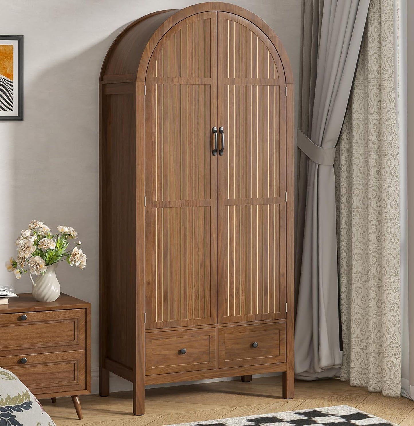 Lxsxlome Wardrobe Closet, Modern Armoire Wardrobe Closet with Drawers and 2 Arched Fluted Doors, 70.87‘’ Tall Wooden Bedroom Armoires with Shelves and Hanging Rod (1, Walnut,17.71''D)