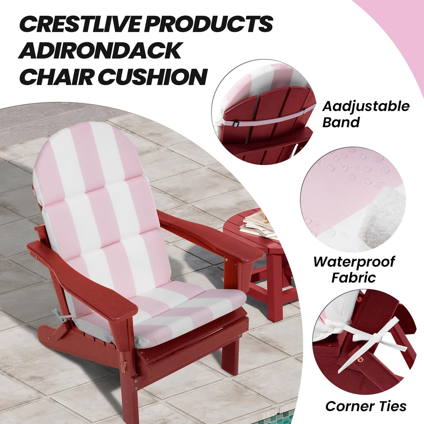 Crestlive Products Adirondack Chair Cushion Outdoor Rocking Chair Cushion Water Repellent 50x19.6x2.3 Inch High Back Patio Cushions Pink White Stripe