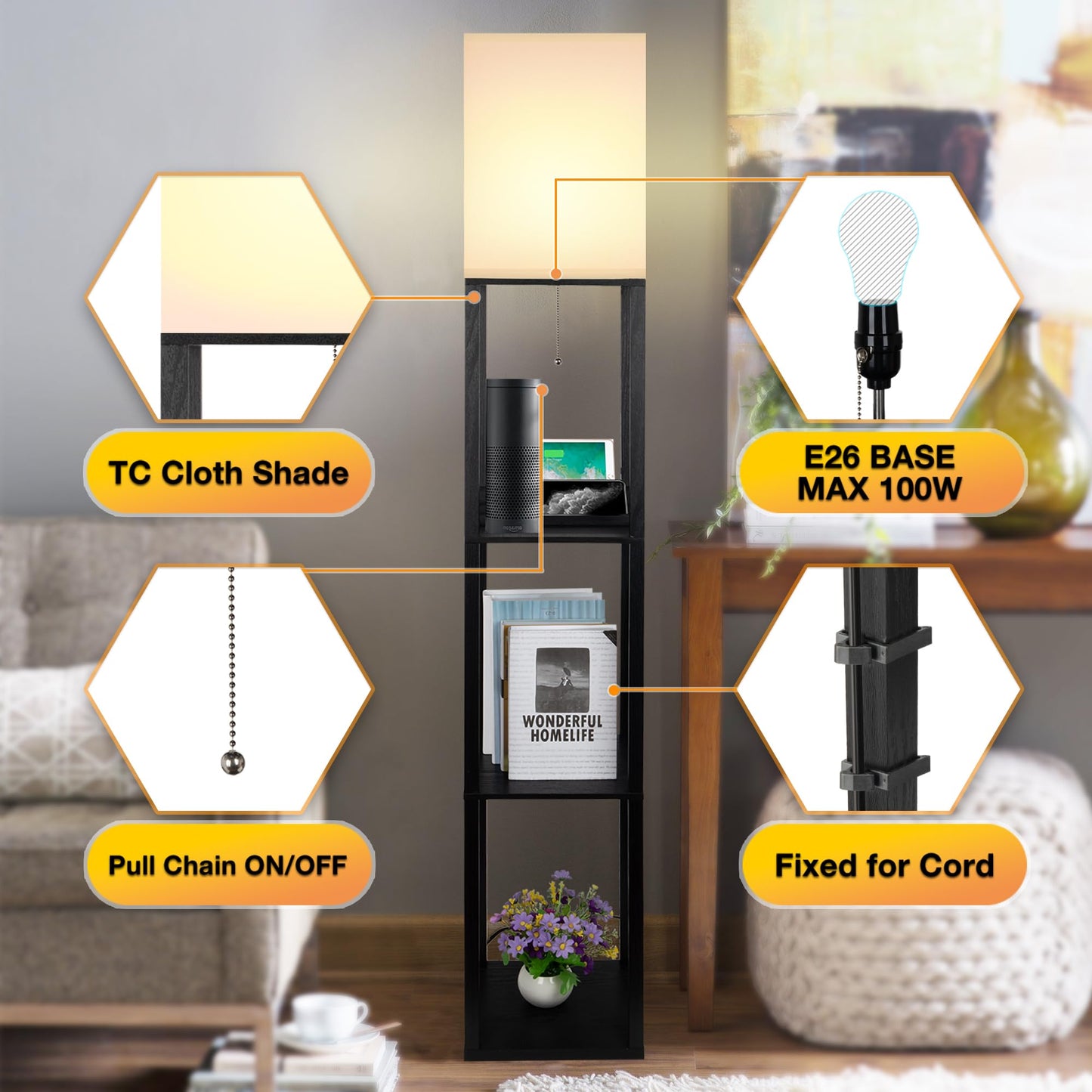 SHINE HAI 3-in-1 Shelf Floor Lamp with 1 USB&Type C&1 AC Outlet, 3-Tiered LED Bedroom Lamp, Shelf & Storage Combination Modern Standing Light