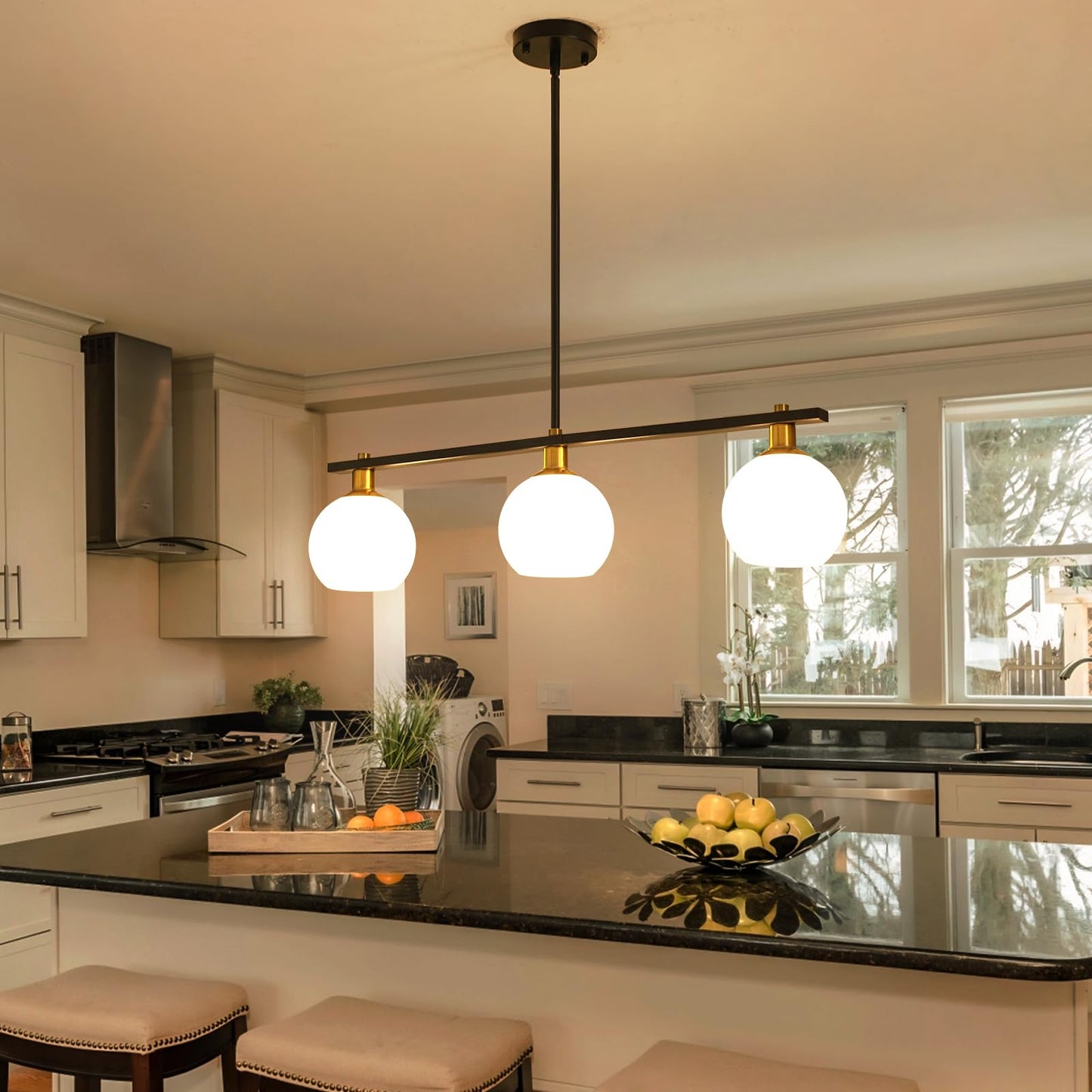 Black and Gold Chandeliers for Dining Room Chandelier Over Table 3-Light Kitchen Island Lighting with Glass Shades Linear Pendant Lighting Fixture Modern Island Lights for Kitchen Table Foyer Bar