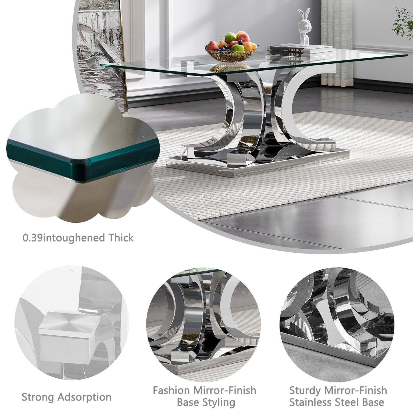 HomVent 3 Piece Glass Coffee Table Set, Living Room Side Table Set of 3, Modern Tempered Glass Coffee Table and 2 End Tables Set with Silver Unique Shapes Stainless Steel Base for Living Room