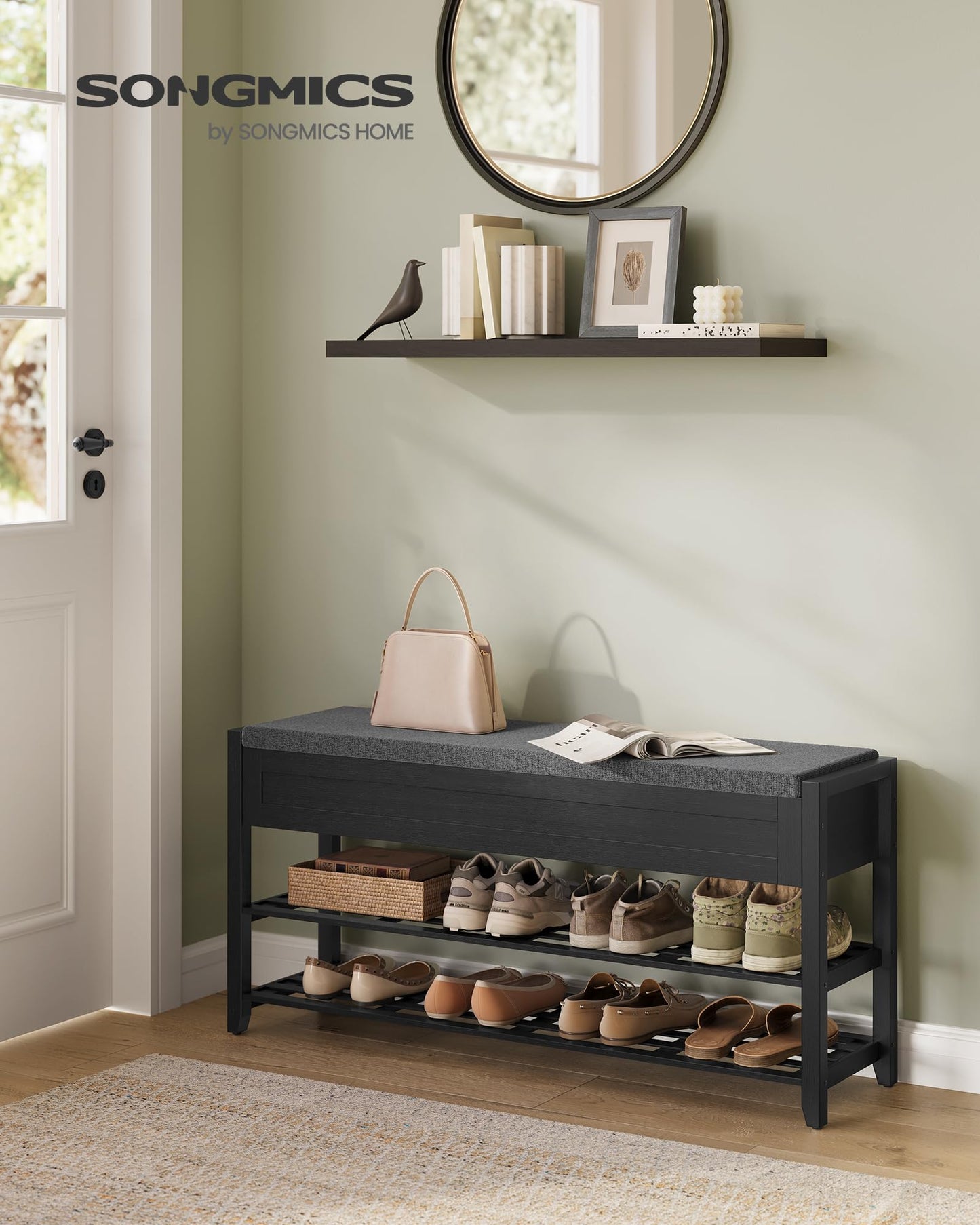 SONGMICS Storage Bench, Bamboo Shoe Rack, Entryway Furniture, 39.4 Inches Wide, Hidden Storage Compartments, 2-Tier Shoe Shelves, for Entryway, Living Room, Bedroom, Dorm, Ink Black ULSB059B01