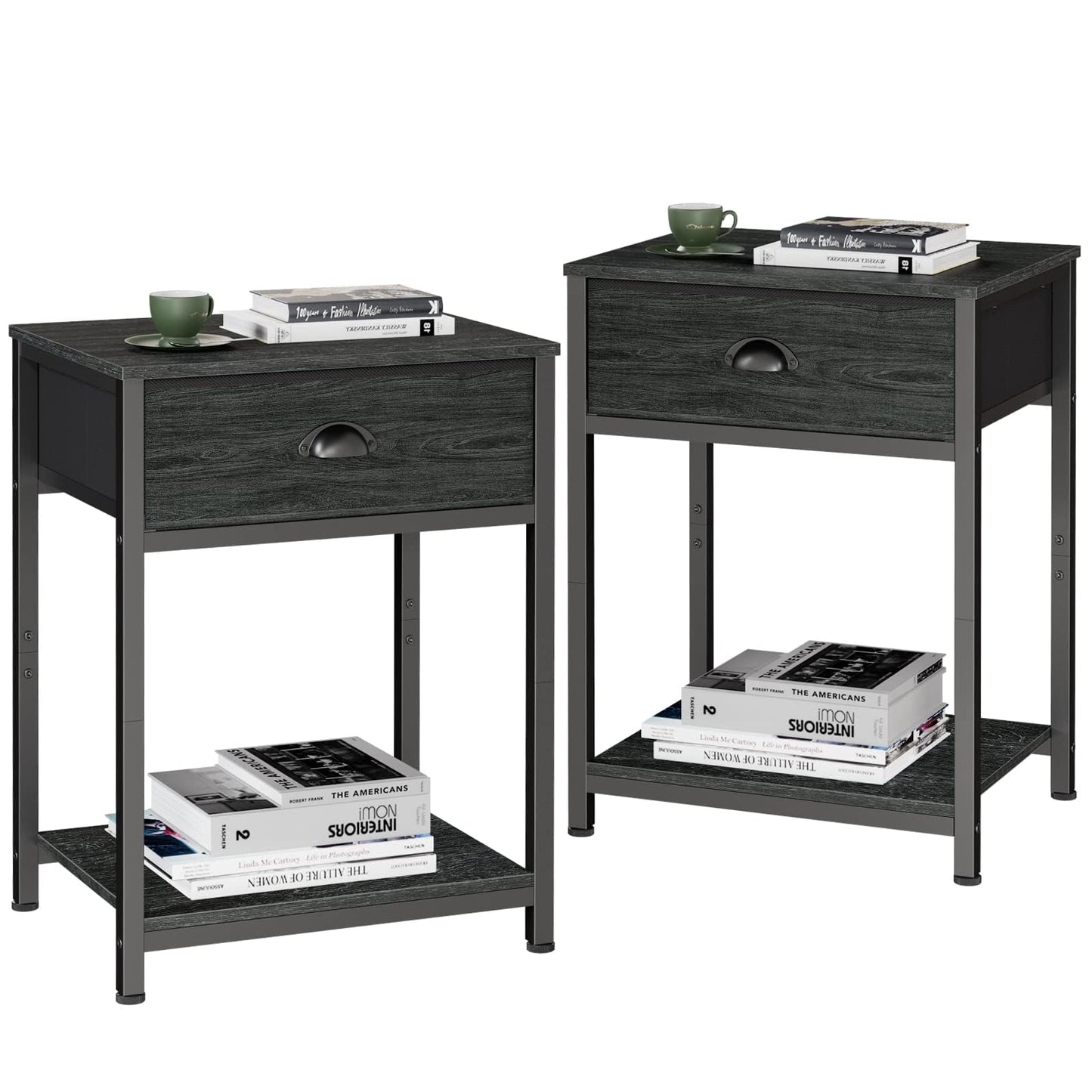 Furologee Nightstands Set of 2, Industrial End Table with Fabric Drawer&Storage Shelf, Small Bedside Table Organizer for Small Space for Living Room, Tall 23.6" Night Stand for Bedroom, Black Oak