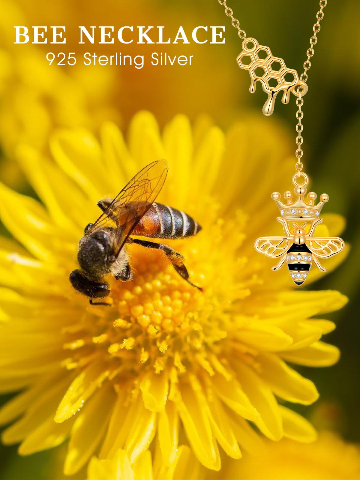 Lypic Bee Necklace 925 Sterling Silver Queen Bee Necklace with Honeycomb Bumblebee Crown Jewelry Gifts for Women